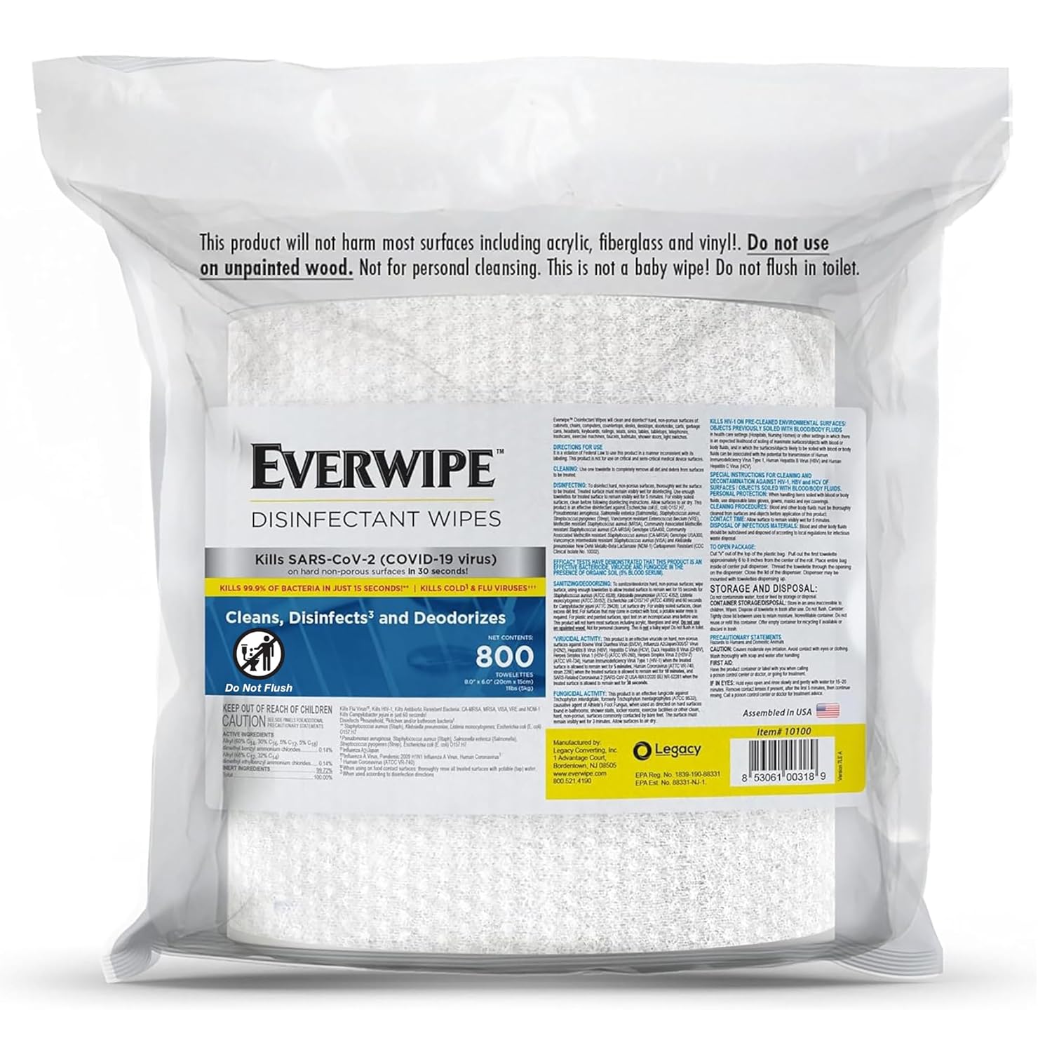 Everwipe Disinfectant Wipe Jumbo Rolls White, Cleans and Deodorizes, 4 x 800 wipes, 192805 (10100)