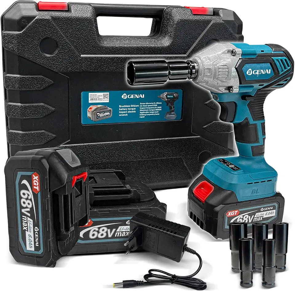 Chave de Impacto sem Fio, 320Nm, 2 Baterias de Lítio 6.0Ah e Carregador, Velocidade 3200 RPM, com 5 Soquetes (17-22mm), para Manutenção Automotiva e Industrial