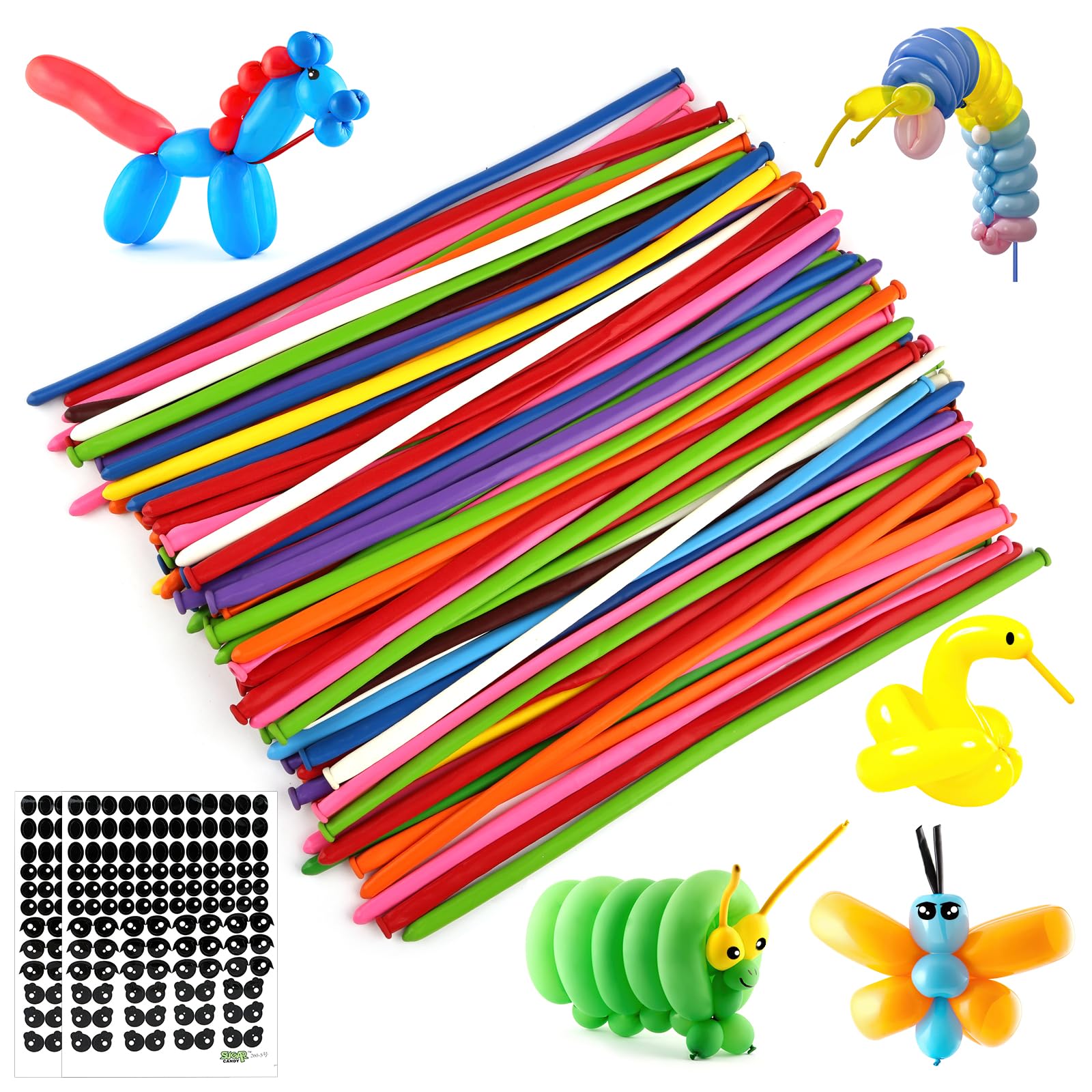 Deepton Modellierballons, 100 Stück Luftballons Lang Formbar, Luftballons Tiere Formen mit 2 Aufkleber, Lange Luftballons zum Formen, Bunt Ballons für Party, Hochzeit, Geburtstag Dekoration