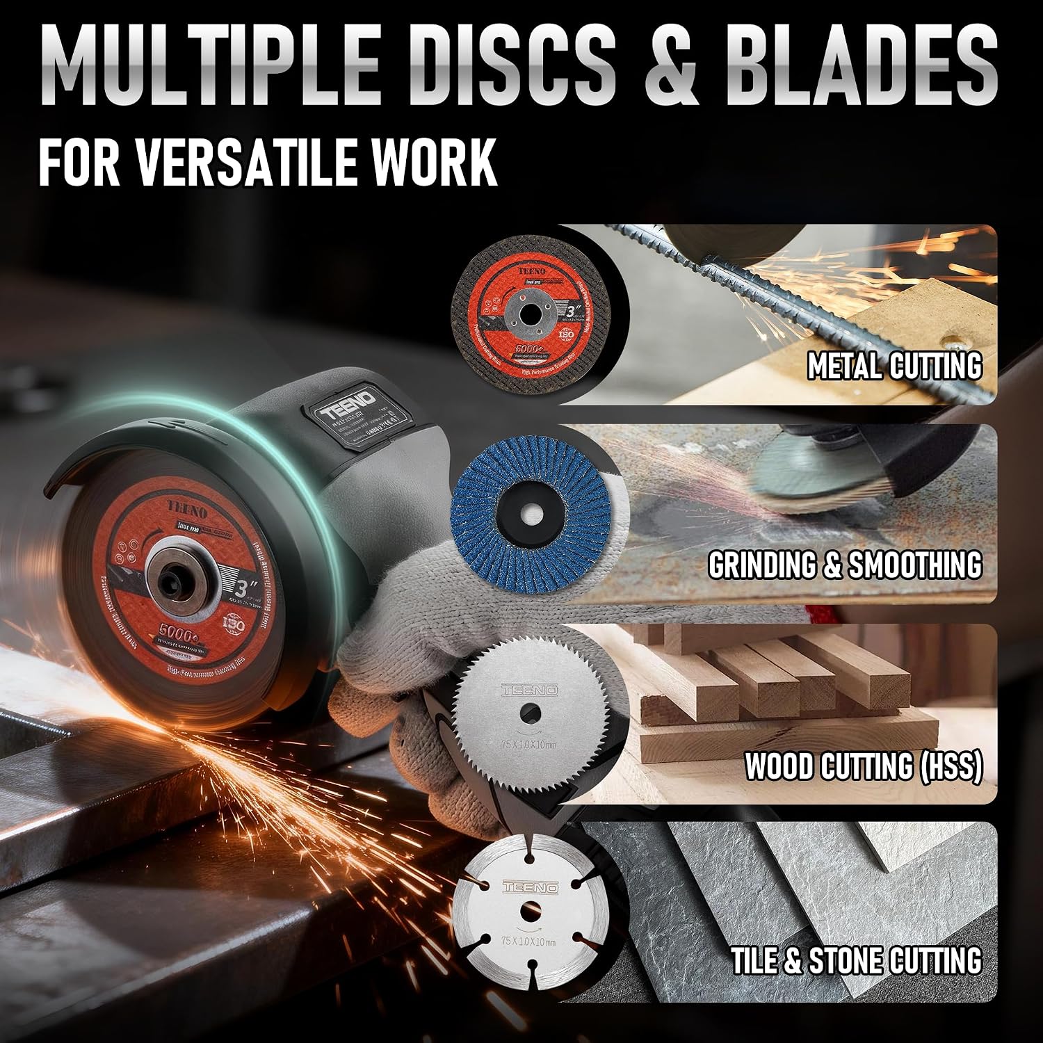 TEENO Cordless Angle Grinder Kit, 19,500 RPM Mini Handheld Grinder Tool with 2x 16.8V 2000mAh Batteries & 6 Discs, 3-Inch Cut-Off Grinder for Metal, Wood Cutting, Grey