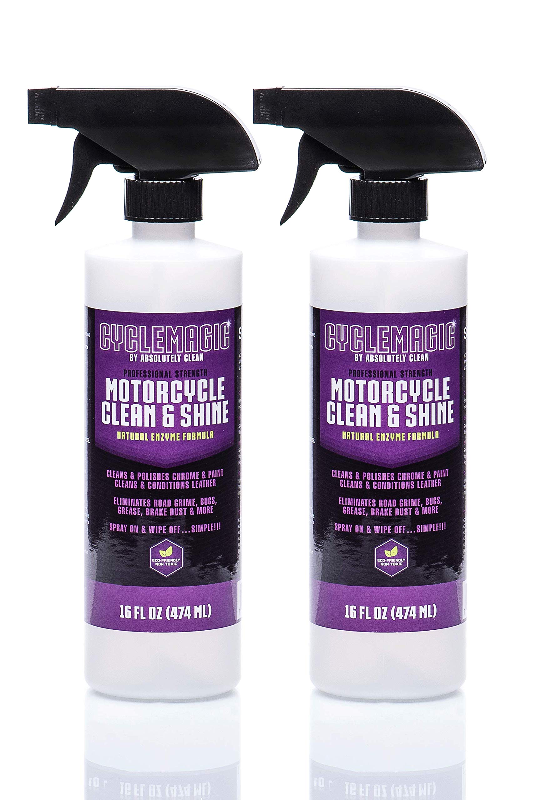 CycleMagic Motorcycle Clean and Shine Motorcycle Cleaner & Conditioner, Chrome Cleaner, Leather Cleaner, Paint | Eliminates Grime, Brake Cleaner, Dirt & Debris | (16oz Spray Bottle 2pack (Save 25%))