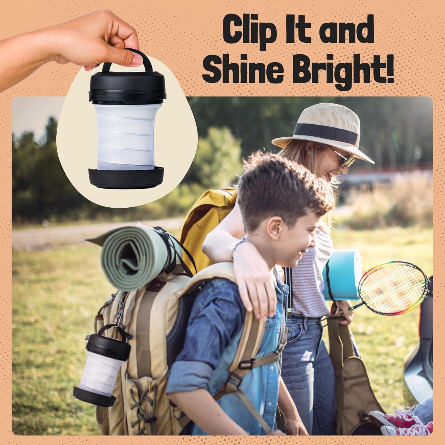 Egoz Compact Collapsible LED Camping Lantern - Battery Powered Pop-Up Tent Light with Emergency Hand Crank and Hanging Hook - Portable Gear for Power Outages, Backpacking, and Survival Kits - Black