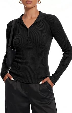 Womens 2025 Fall Button Down Lapel V Neck Long Sleeve Ribbed Knit Casual Slim Tops