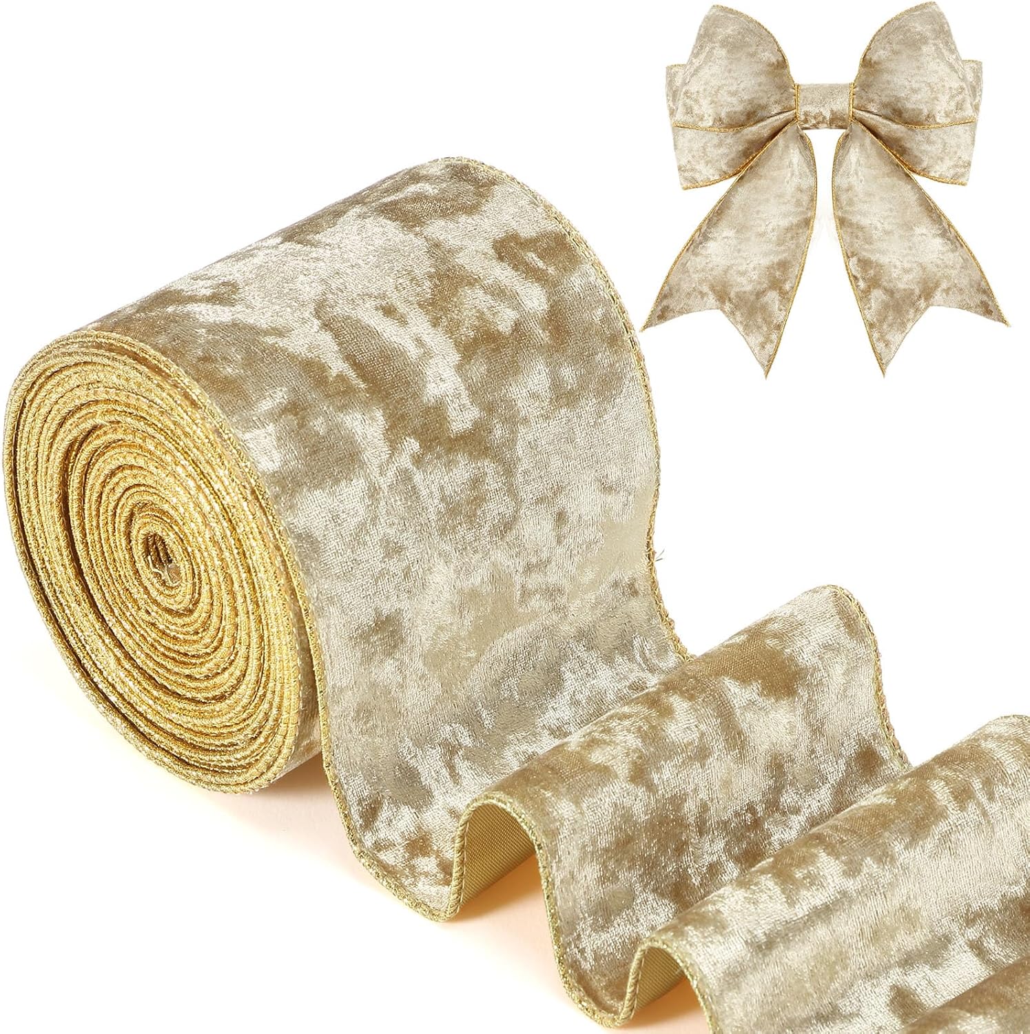 Riceshoot Christmas 4 Inch Velvet Ribbon 10 Yards Champagne Gold Wide Wired Velvet Ribbon with Gold Edge for Wrapping Bow Gift Box DIY Champagne Gold 4 Inch