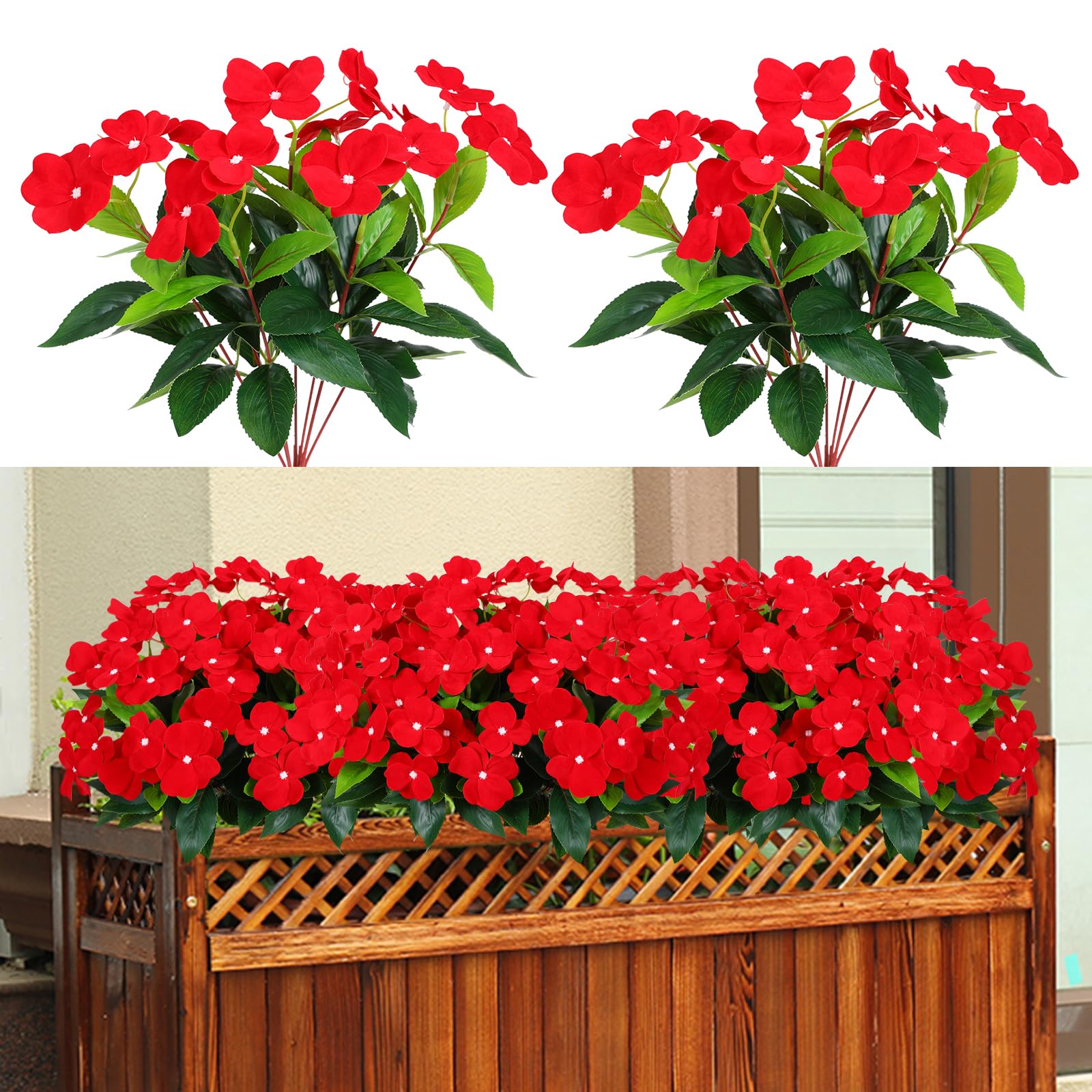 Hobyhoon Red Artificial Flower Outdoor 2pcs Silk Flower Bouquet Faux Impatiens Flowers for Outside Indoor Home Balcony Window Boxes Garden Decorations