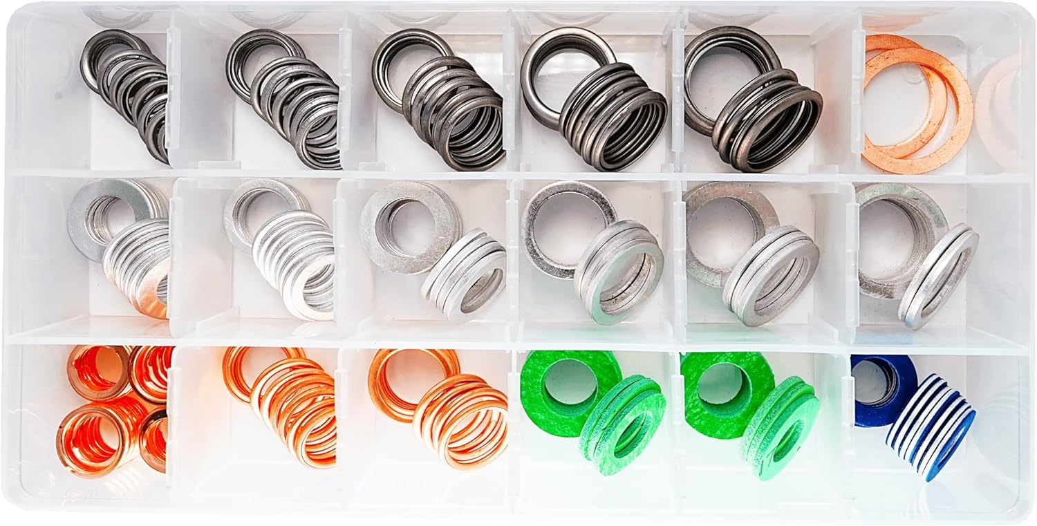 200PCS 18 Sizes Master Oil Drain Plug Gaskets Washers Assortment Kits Fit for Toyota, Subaru, Chevrolet Replace 90430-12031, MD050317, 803916010, 11026-01M02, 11137546275, APC93000