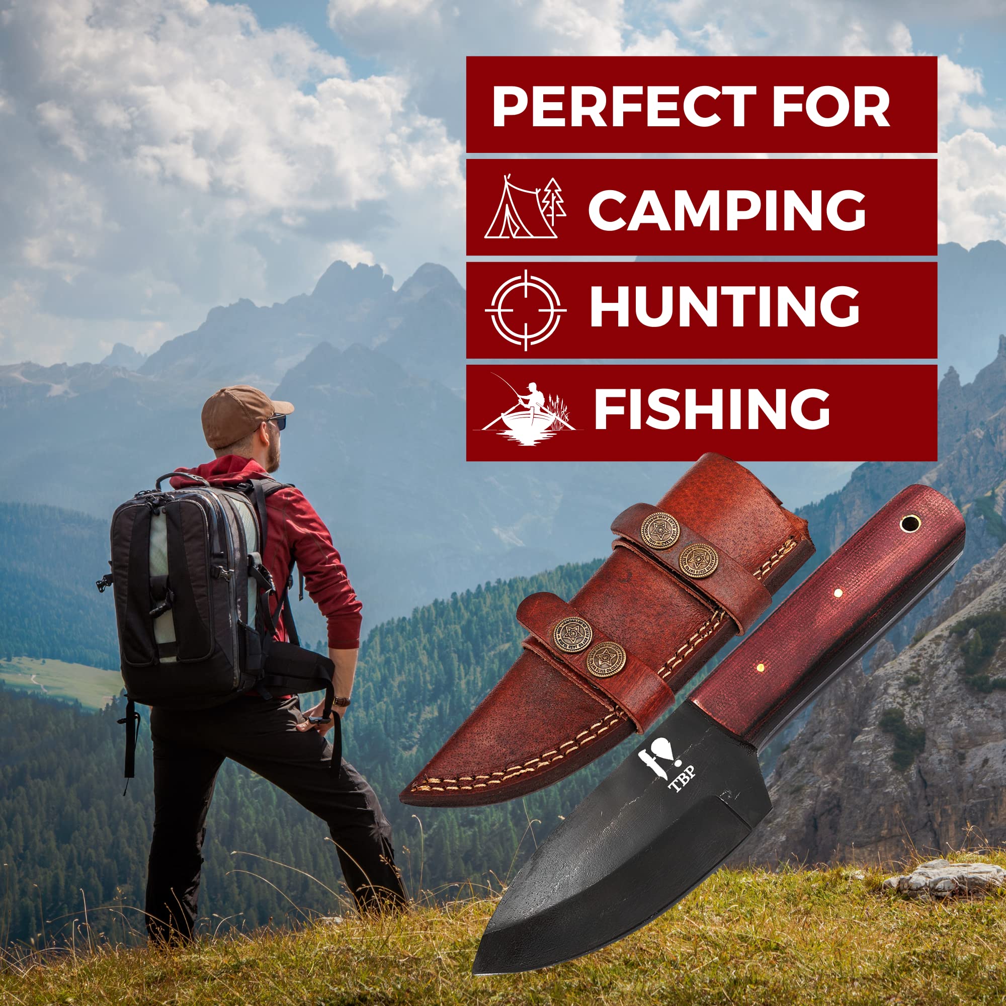 TBP Knives Handmade Carbon Steel Hunting Knife Perfect Tactical Gear For Men Ideal For Skinning, Fishing, Camping, Outdoor - Fixed Blade Bushcraft Knife With Belt Loop Sheath