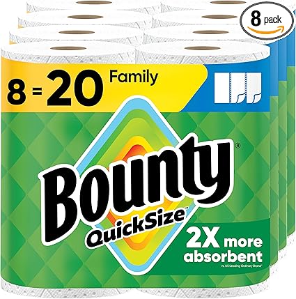 Bounty Quick Size Paper Towels, White, 8 Family Rolls = 20 Regular Rolls (Packaging May Vary)