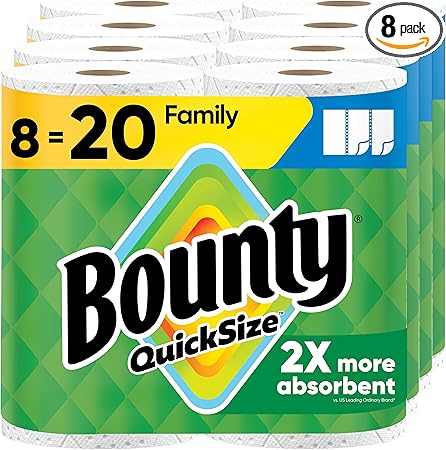 Bounty Quick Size Paper Towels, White, 8 Family Rolls = 20 Regular Rolls (Packaging May Vary)