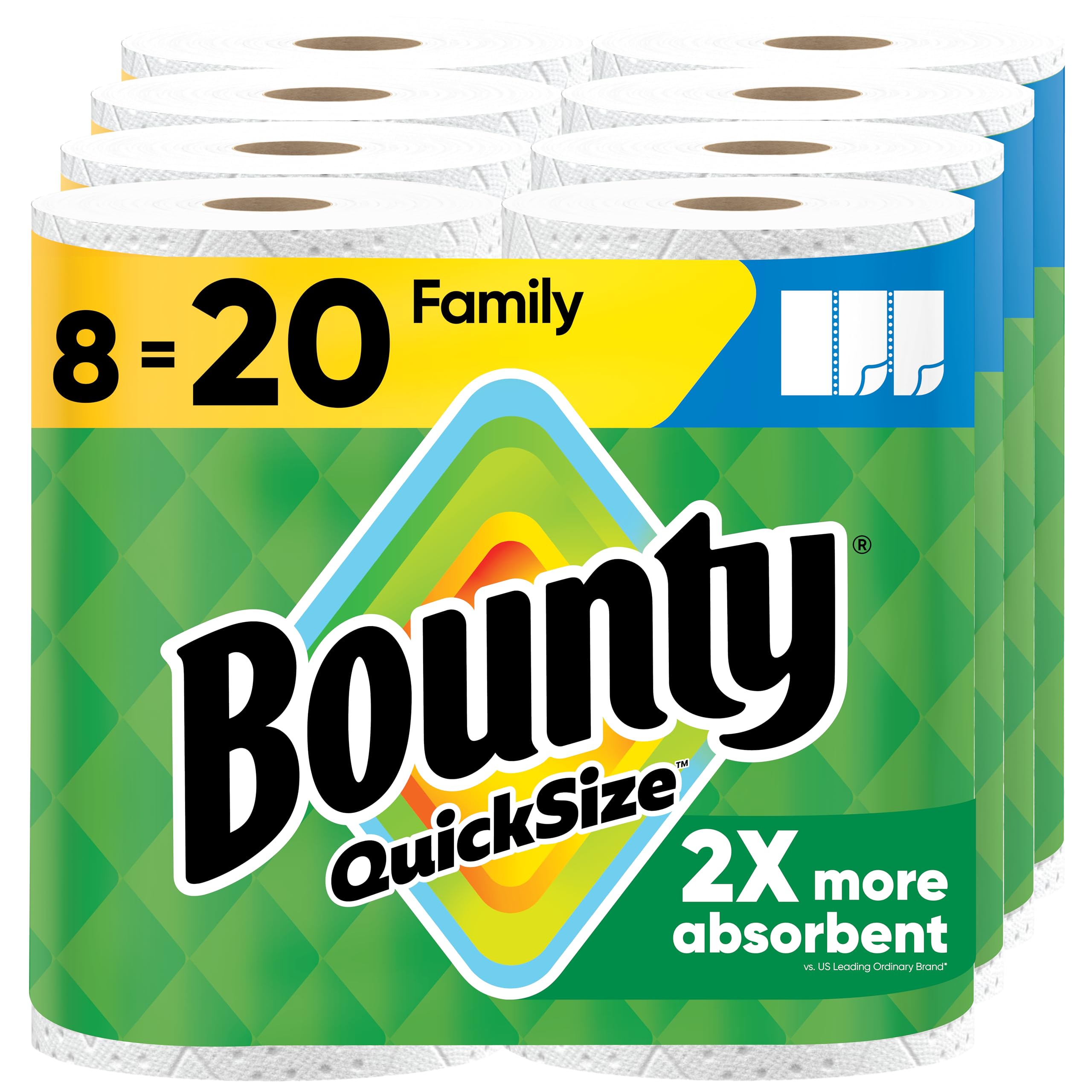 Bounty Quick-Size Paper Towels, White, 8 Family Rolls = 20 Regular Rolls