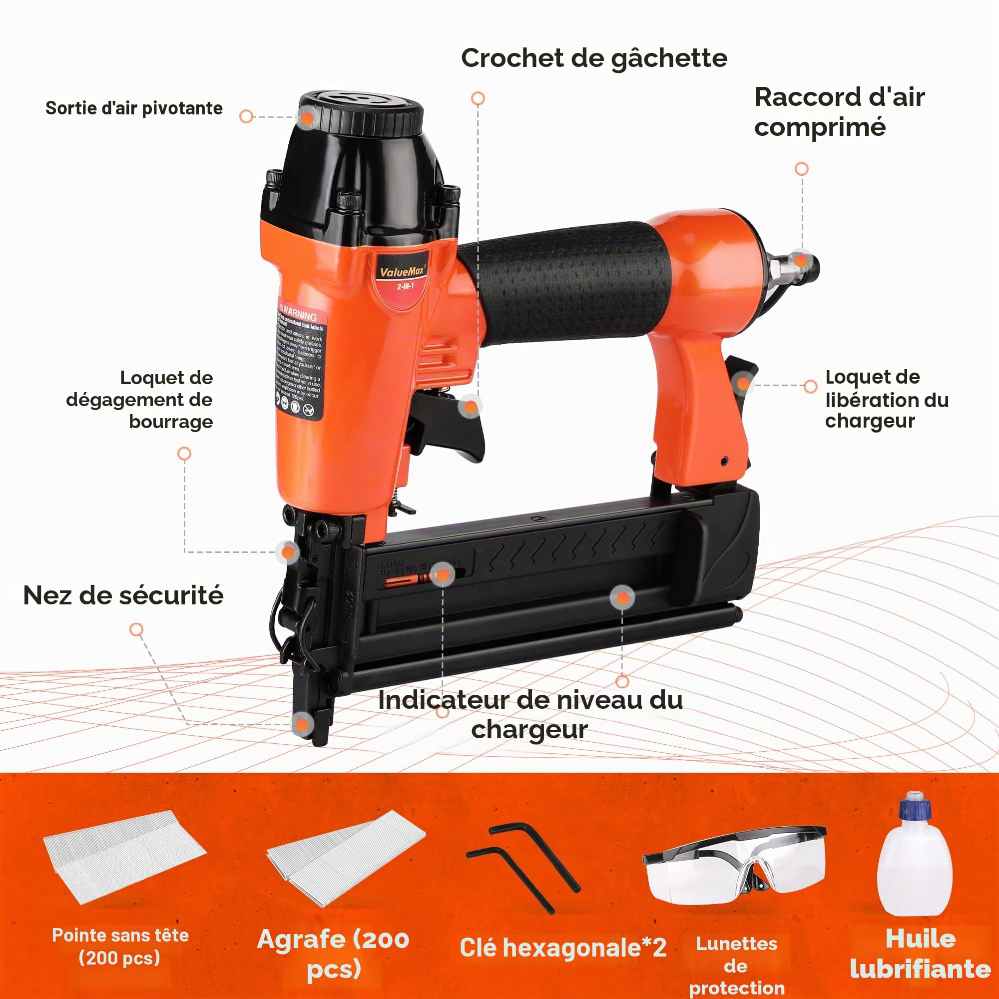 ValueMax Agrafeuse Pneumatique Multifonctionnelle 2 en 1 avec Boîte de Rangement Cloueuse 18GA avec 200 Agrafes et 200 Clous, Idéal pour Bricolage, Décoration, Murale, Tapisserie, Bois