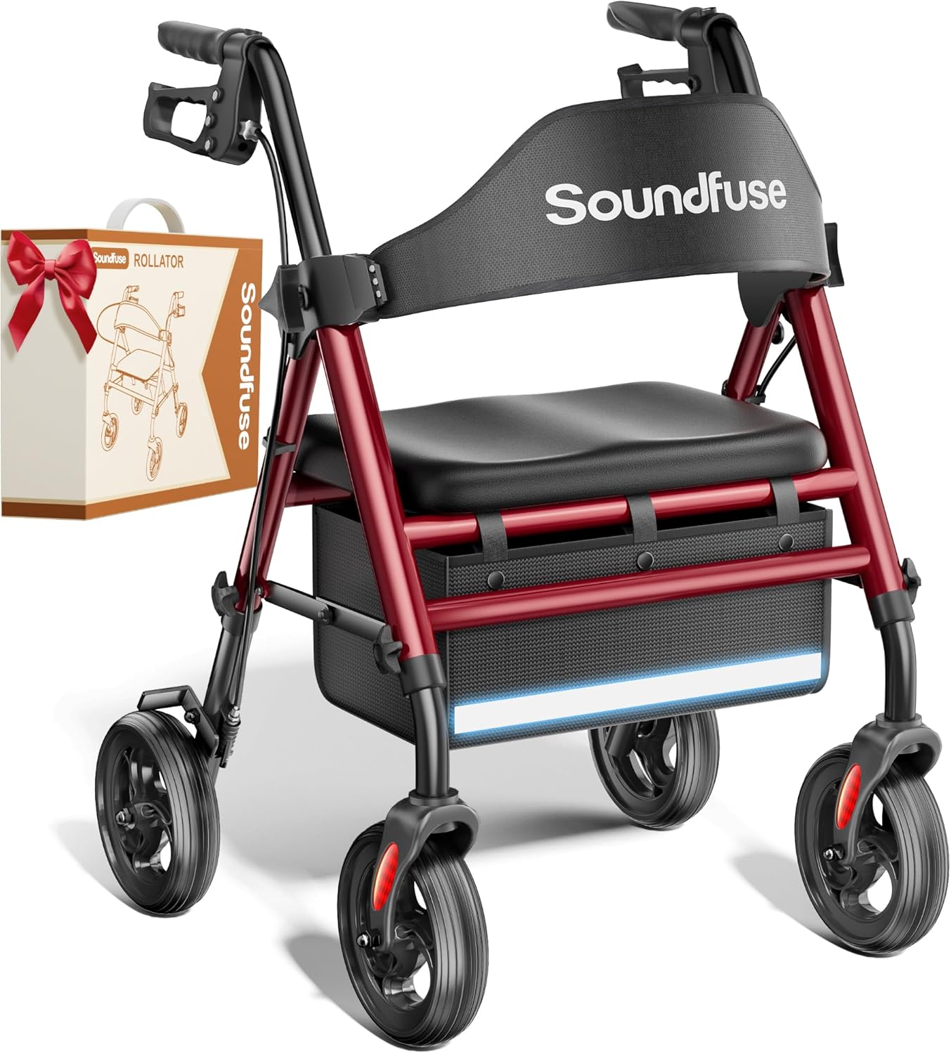 SOUNDFUSE Walkers for Seniors, Rollator Walker with Seat, 8" All Terrain Wheels, Double Support Bar, 16" Ergonomic Arc Seat and Comfortable Backrest, Dual Height Adjustable and Foldable Design