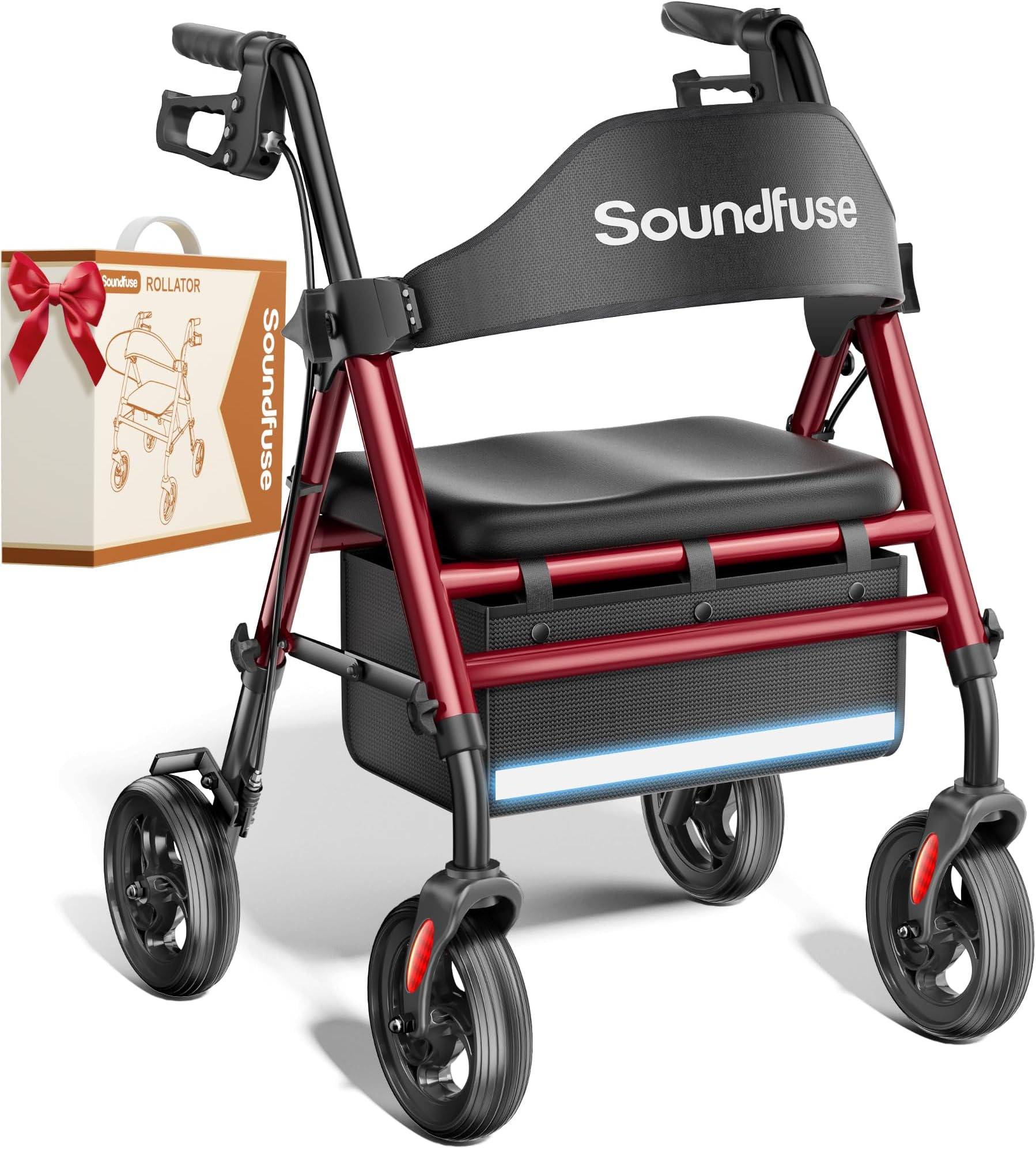 SOUNDFUSE Walkers for Seniors, Rollator Walker with Seat, 8" All Terrain Wheels, Double Support Bar, 16" Ergonomic Arc Seat and Comfortable Backrest, Dual Height Adjustable and Foldable Design