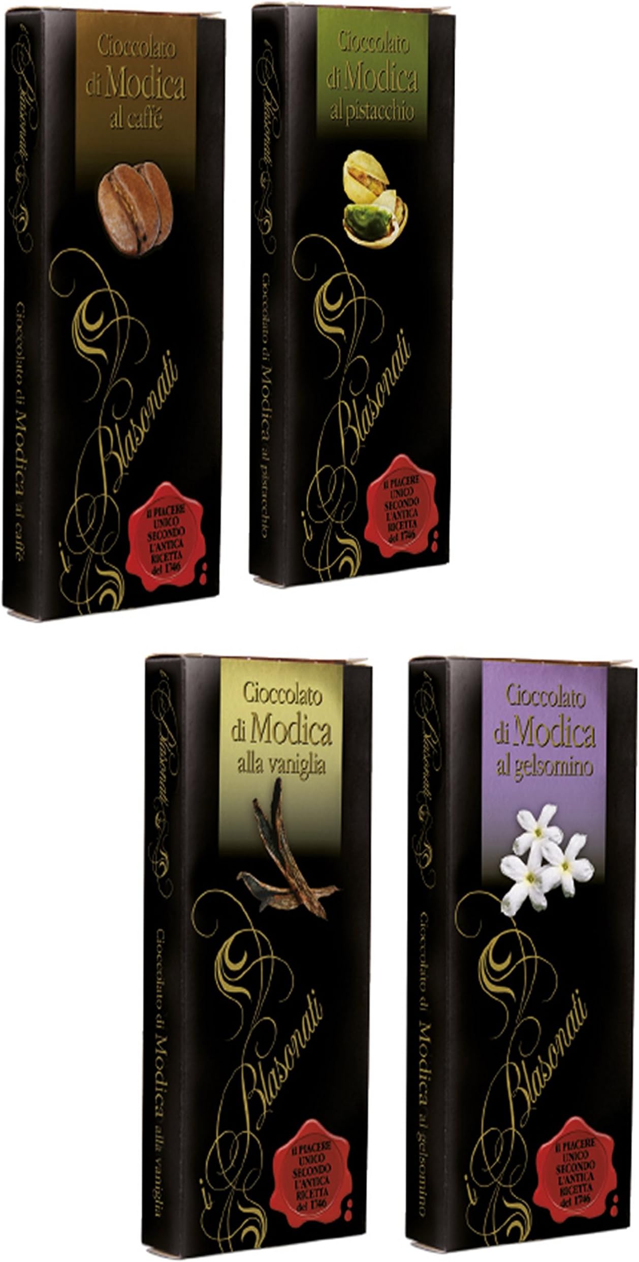 I Blasonati: Modica Chocolate- Set of 4 Different Flavors ( Coffee, Vanilla, Pistachio, Jasmine )