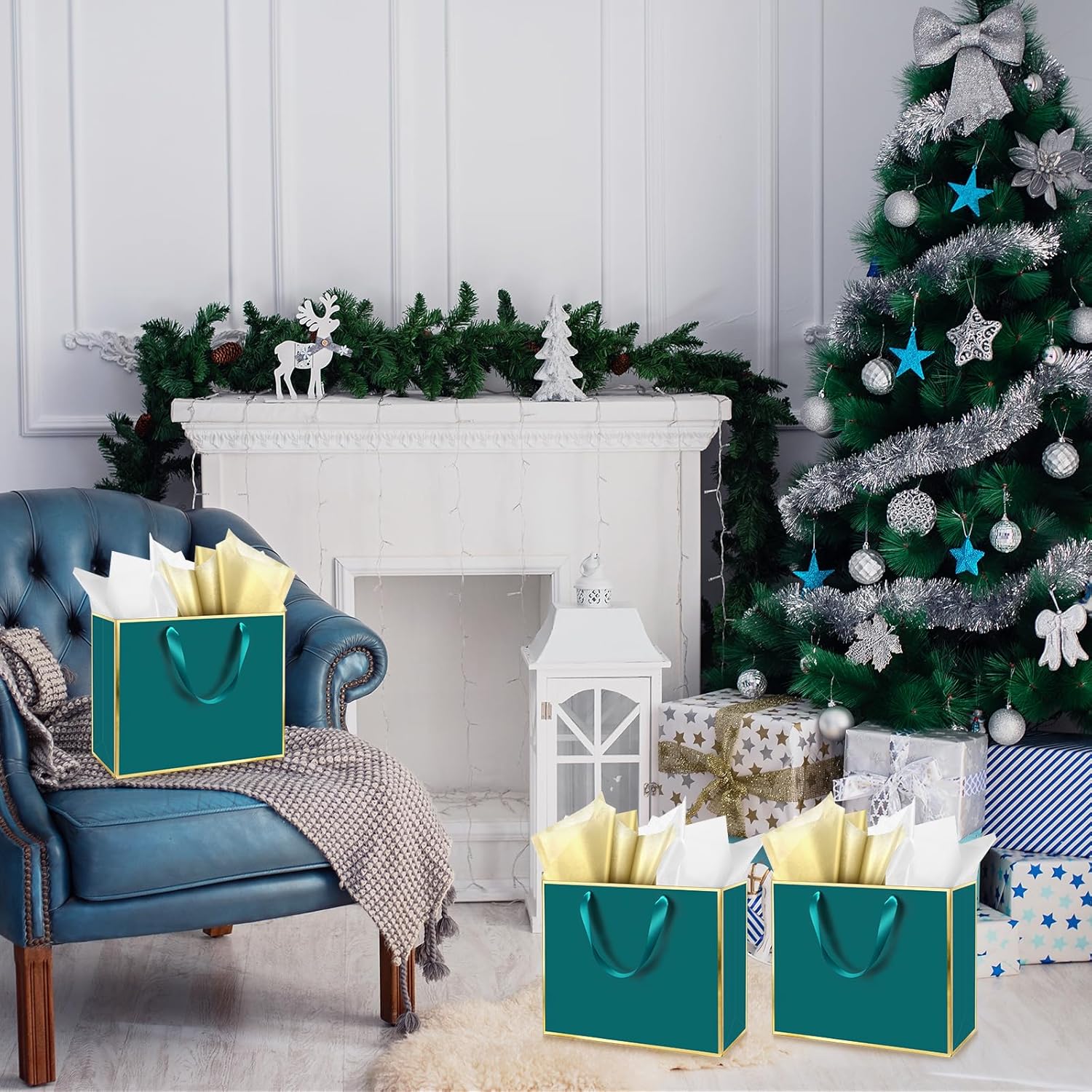 ReliThick 12 Pack Metallic Paper Gift Bag with Handles and Tissue Paper 11.8 x 10 x 4'' Thank You Favor Bag for Graduation Mother's Day Wedding Bridesmaid Groomsman 5 Senses Gifts (Turquoise,Gold)