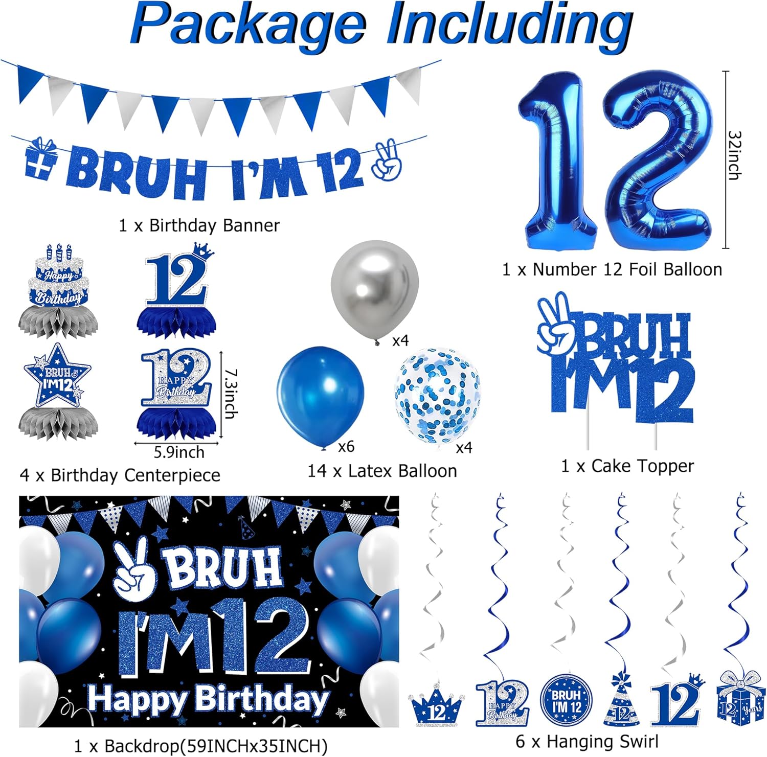 DARUNAXY 12th Birthday Party Decorations for Boys Girls, Blue Bruh I’m 12 Banner, 12 Number Balloons & Cake Topper, Sweet 12 Years Old Birthday Honeycomb Hanging Swirls Party Supplies