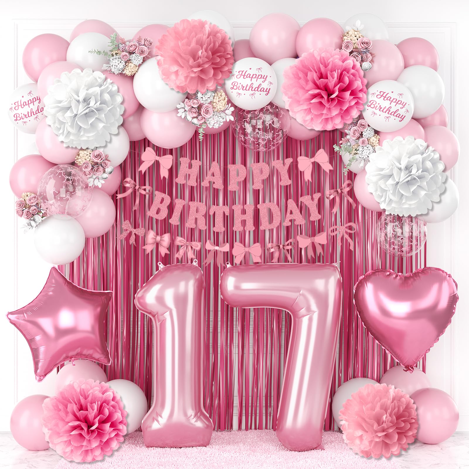 17th Birthday Decorations Girls Pink Number 17 Balloon Bow Coquette Party