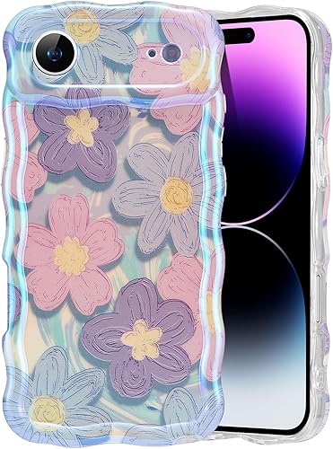 Miniatura 56 de EYZUTAK - Funda protectora de TPU para iPhone 12 Pro, estilo retro colorido, diseño láser brillante de pintura al óleo, estampado floral, borde Azul