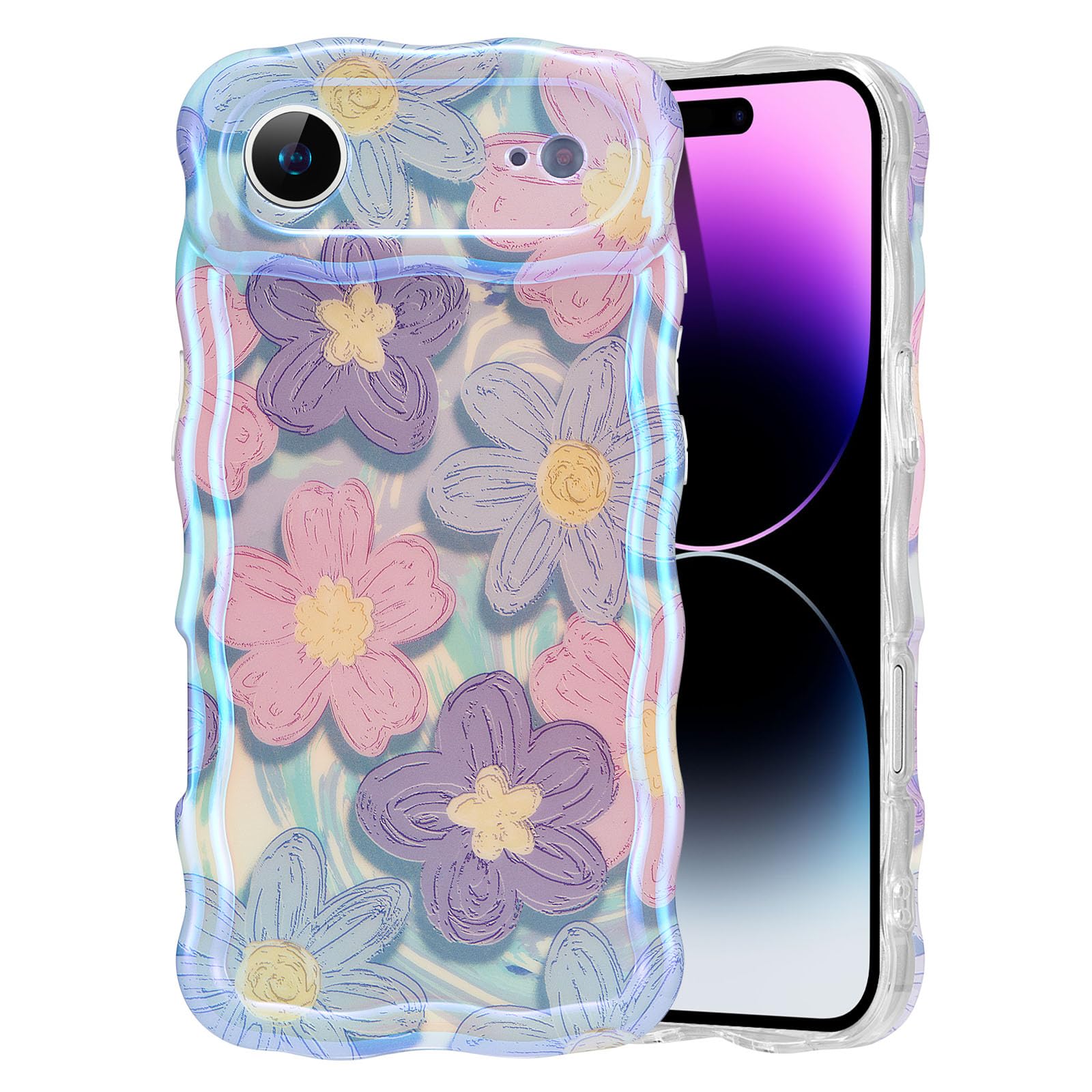 EYZUTAK Case for iPhone 15, Colorful Retro Oil Painting Flower Laser Beam Glossy Pattern Cute Curly Waves Border Exquisite Phone Cover Stylish Durable Soft TPU Protective Case for Girls Women - Green — view 51