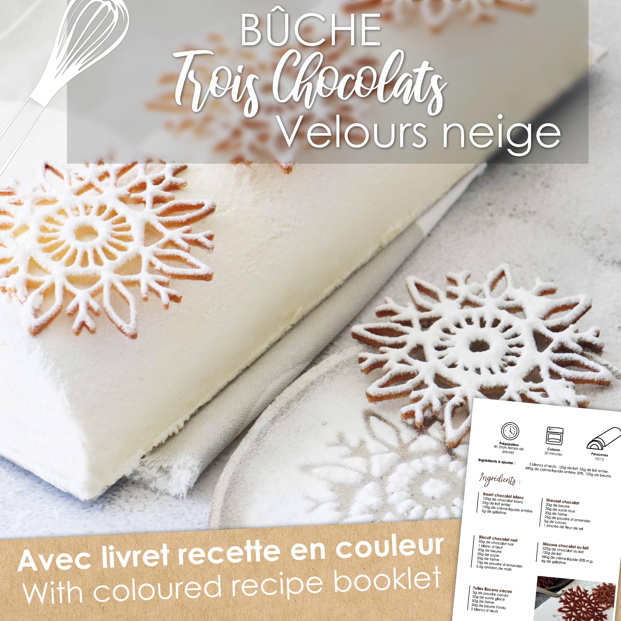 ScrapCooking - Coffret Bûche de Noël « Velours » - Kit Moules & Ingrédients - Insert Bûche & Moule Tuiles Flocons - Gouttière Pâtisserie - Dessert Réveillon - Avec Recette Bûche 3 Chocolats - 1942