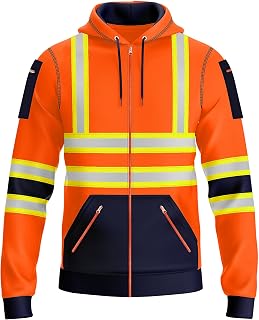 Mens Hi Vis Hoodie Safety Work Zipper Sweatshirt High Viz Reflective Contrast Tape Multi Pockets Hoodie Yellow Orange High Visibility Sweatshirt Top