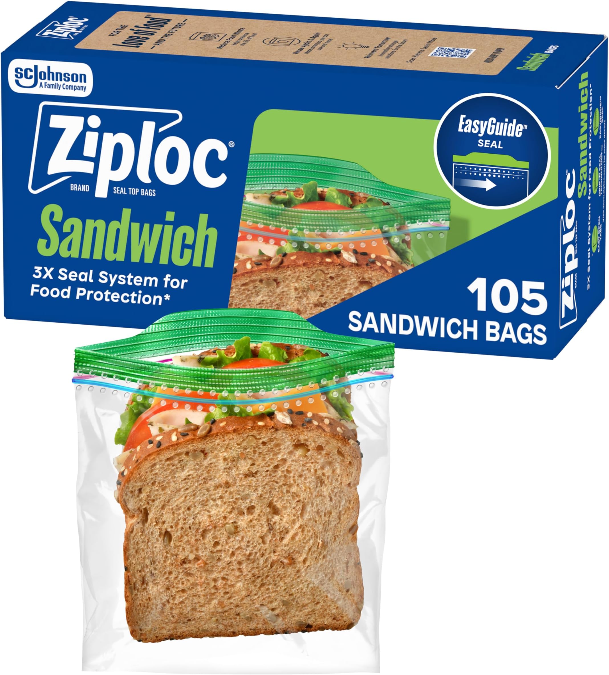 Sandwich and Snack Bags with EasyGuide Texture, Plastic Storage Bags with Grip 'n Seal Technology, 105 Bags Total