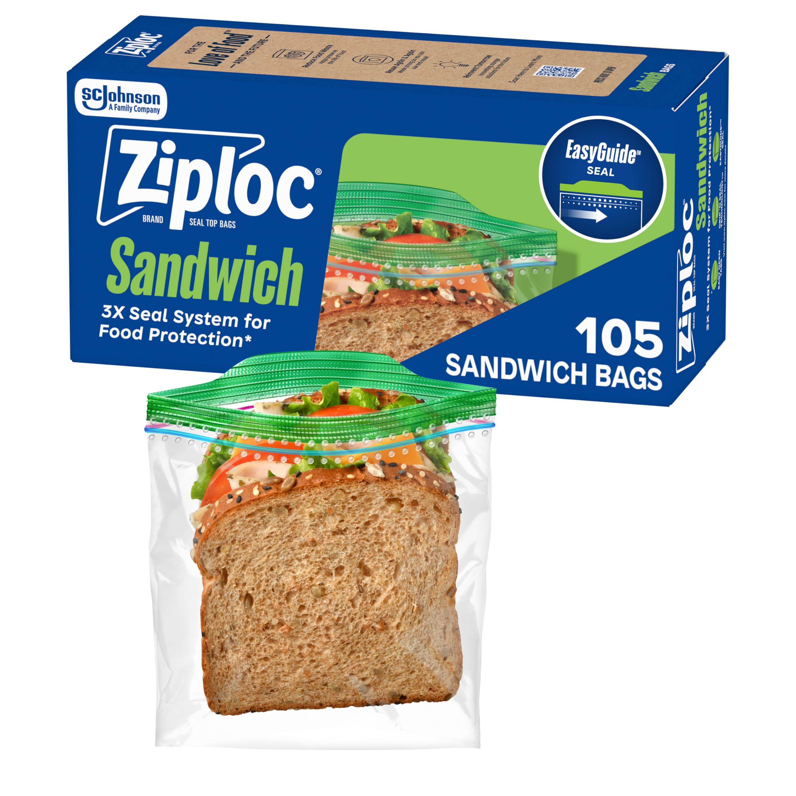 Ziploc Sandwich and Snack Bags with EasyGuide Texture, Plastic Storage Bags with Grip 'n Seal Technology, 105 Bags Total (Packaging May Vary)