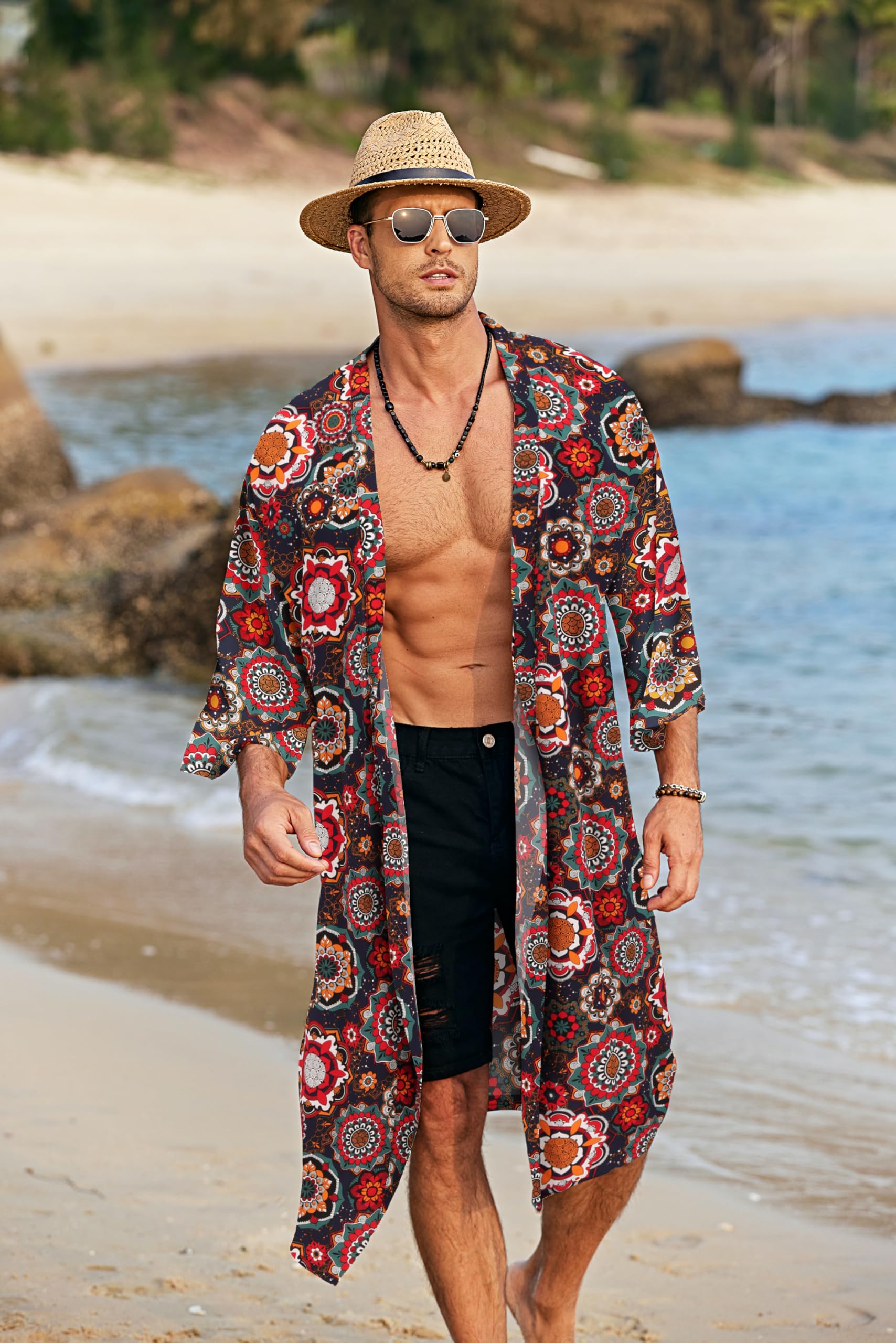 COOFANDY Kimono léger pour homme - Imprimé - Style japonais - Style décontracté - Long cardigan ouvert sur le devant - Vêtement d'extérieur