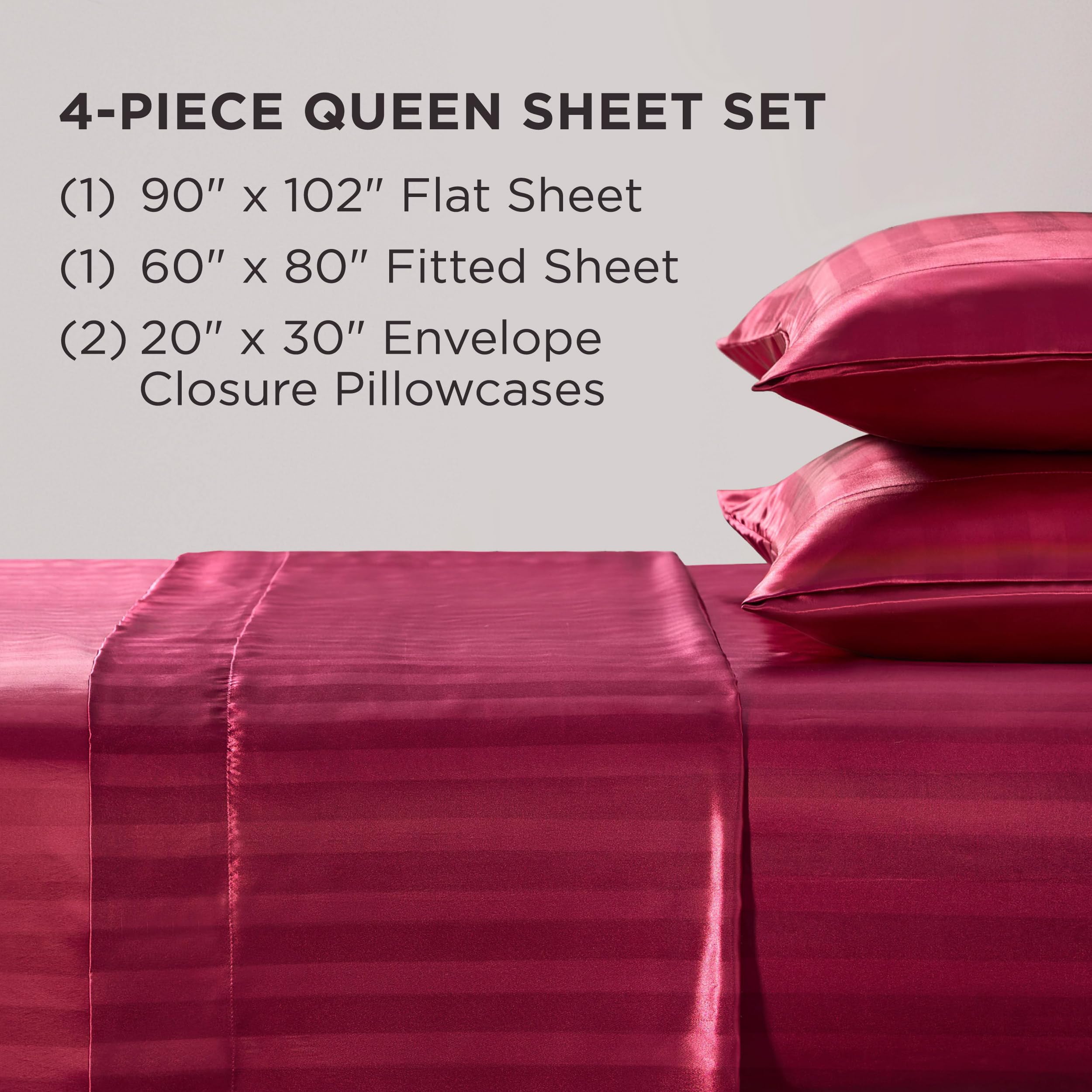 Juicy Couture Silky Satin Damask Sheet Set - Luxury Hot Pink Bedding - Smooth Striped Sheets - Queen Size