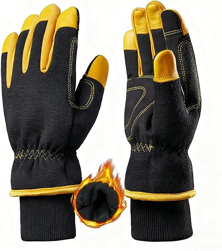 Miniatura 6 de Guantes de trabajo de invierno, impermeables, con aislamiento y a prueba de nieve, guantes de cuero a prueba de frío, agarre extra, flexible y