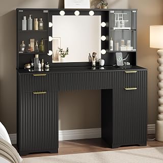 Fluted Black Makeup Vanity Desk with Mirror and Lights, Glass Top 48" Wood Vanities, Dressing Table w/3 Drawers & 2 Large Storage Cabinets, Dustproof Organizer w/Charging Station for Bedroom (Black)