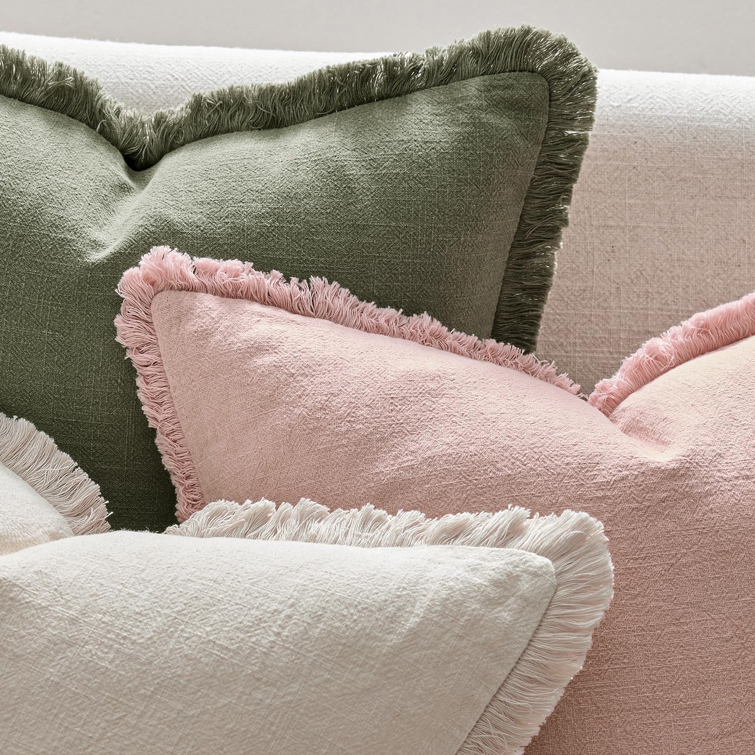 ANRODUO Set of 2 Decorative Throw Pillow Covers 18×18 Inch Soft Linen Fringe Farmhouse Boho Vintage Cushion Covers with Tassels Accent Pillowcase for Couch Sofa Bed Living Room Decor Light Olive Green