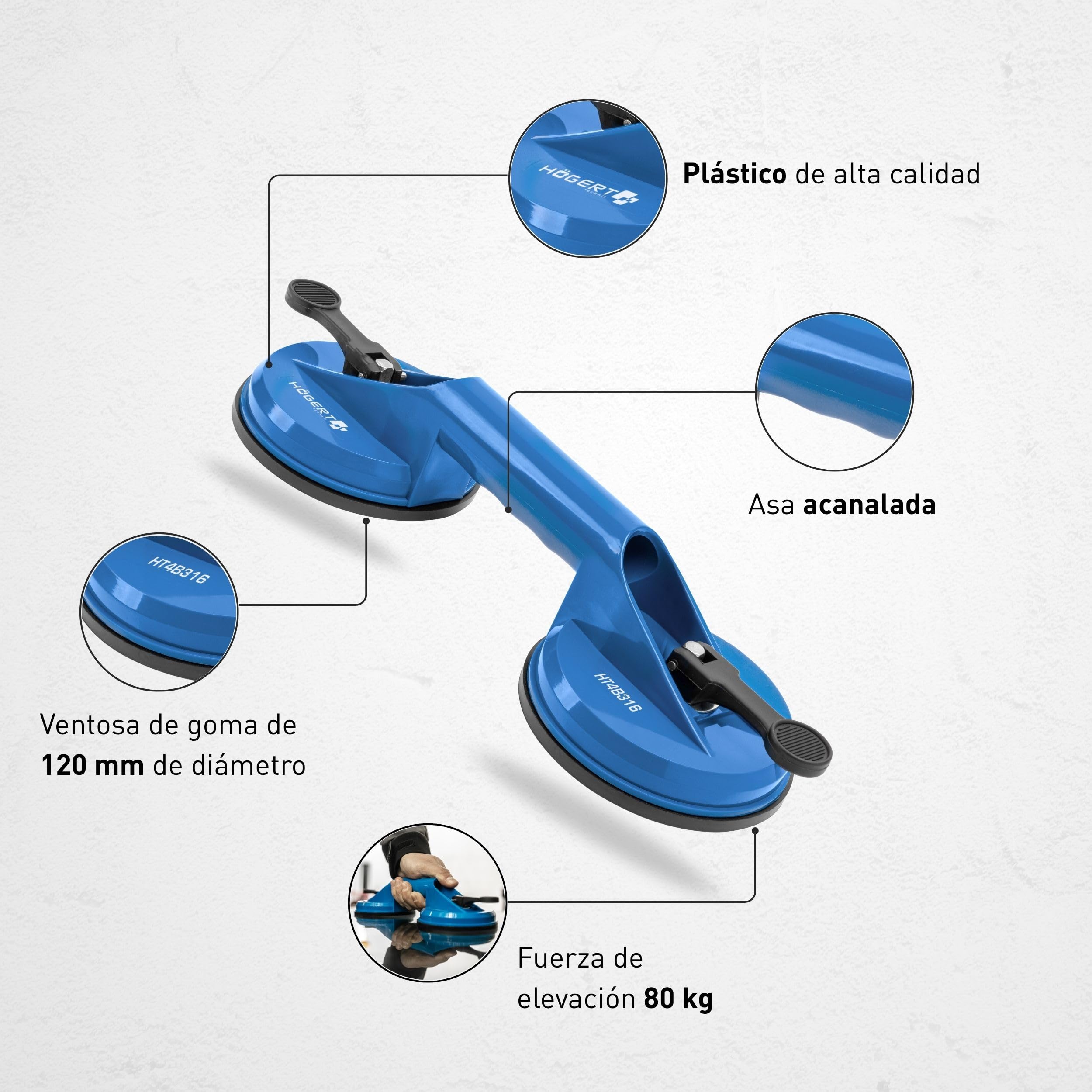 Högert Technik Elevador de succión resistente Doble ventosa 80 kg
