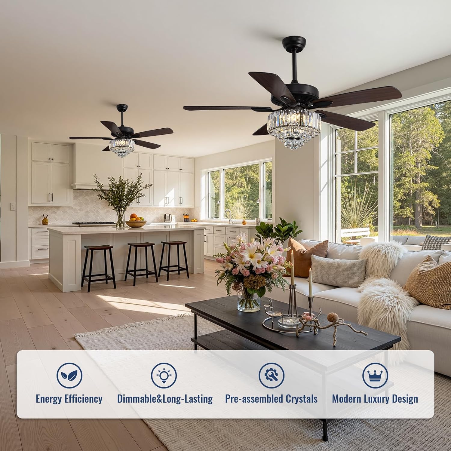 52-inch Crystal Ceiling Fan with Lights,Modern LED Fandelier with Remote Control,6-Speeds,Low Profile Flush Mount Chandelier for Living Room,Dining Room,Bedroom,Foyer