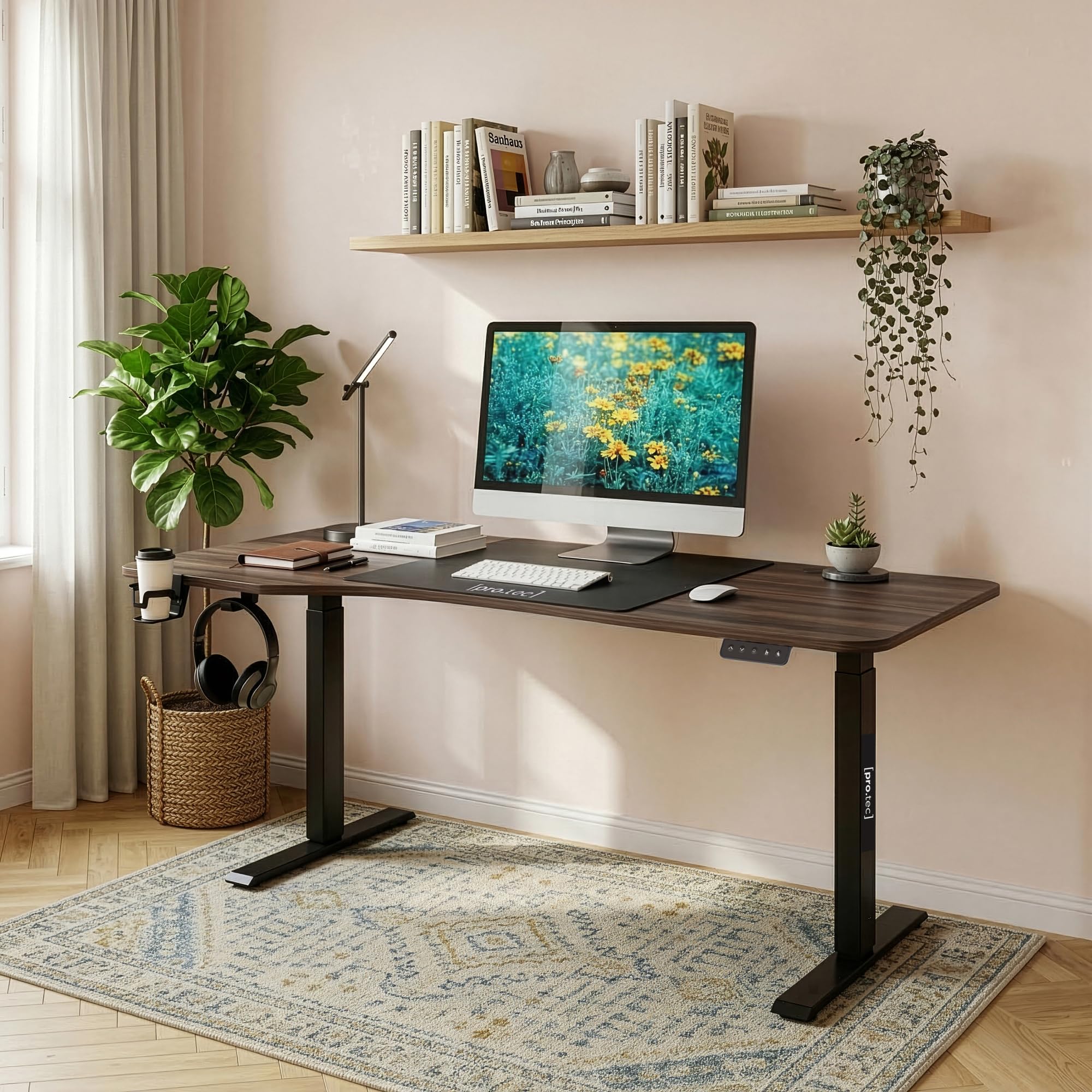 pro.tec Escritorio Stryn Rectangular Regulable en Altura 72-117 cm con Clips y 2 Salidas de Cables Eléctrico 2 Opciones (Sentado y de Pie) Alfombrilla de Ratón XXL 120 x 60 cm Aglomerado/Acero - Nogal