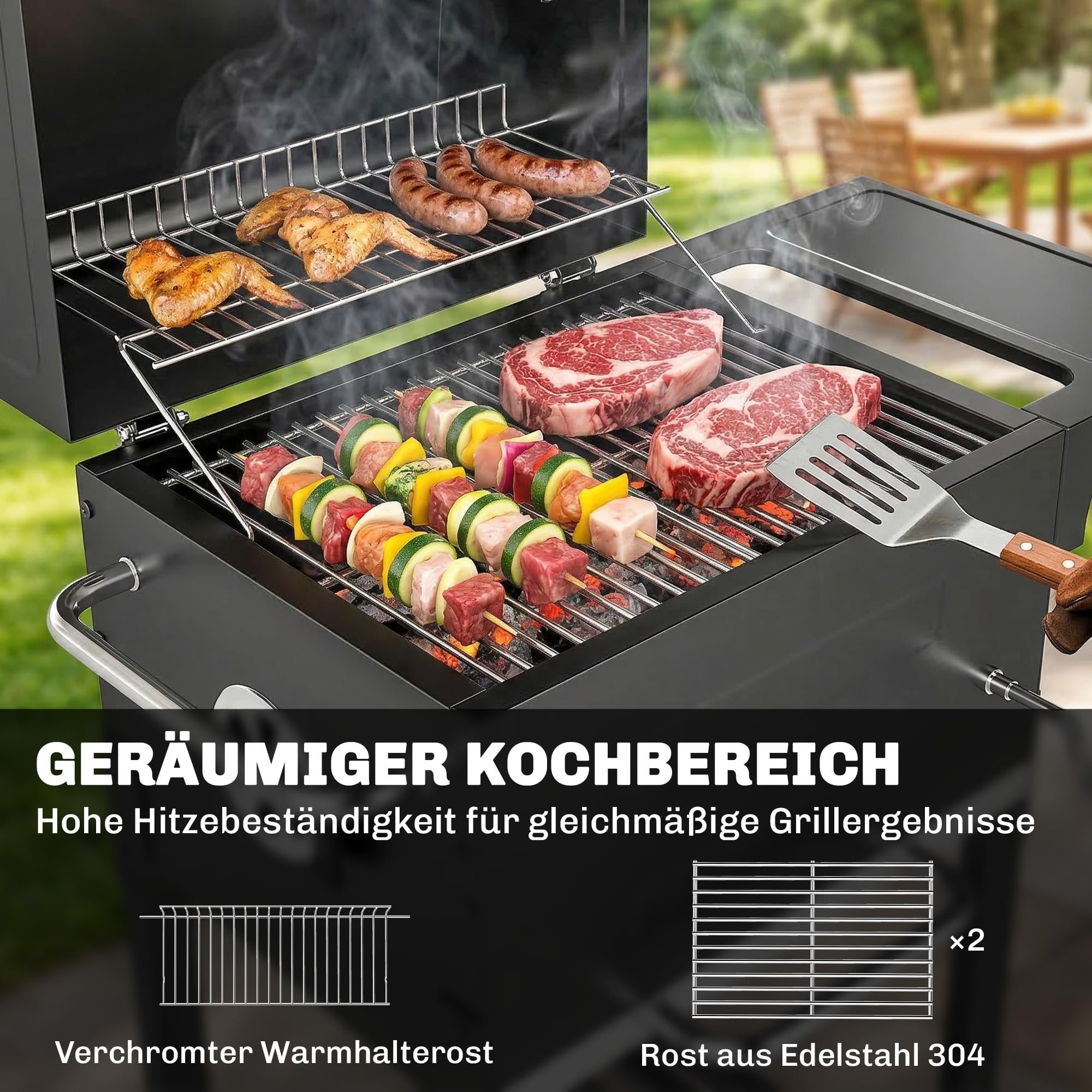 Outsunny Kompaktowy grill na węgiel drzewny z pokrywką, termometr, ruszt do grillowania, stolik boczny, komora na popiół, otwory wentylacyjne, BBQ Smoker z kółkami, grill stojący na kempingu, do