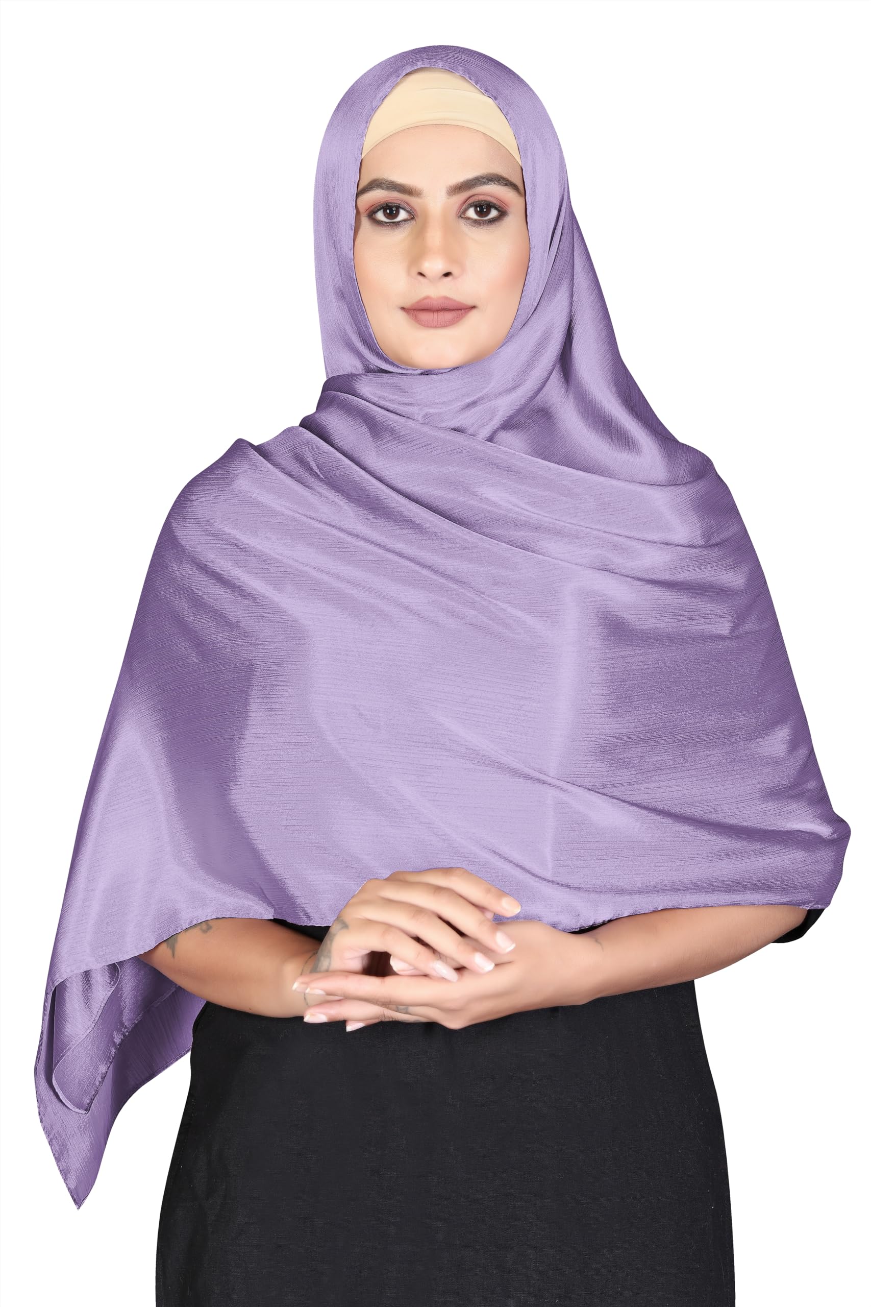 London Scarfs Satin Silk Shawls Muslim Solid Color Hijab Crinkled Scarf Women's Wraps Turban (Lilac)
