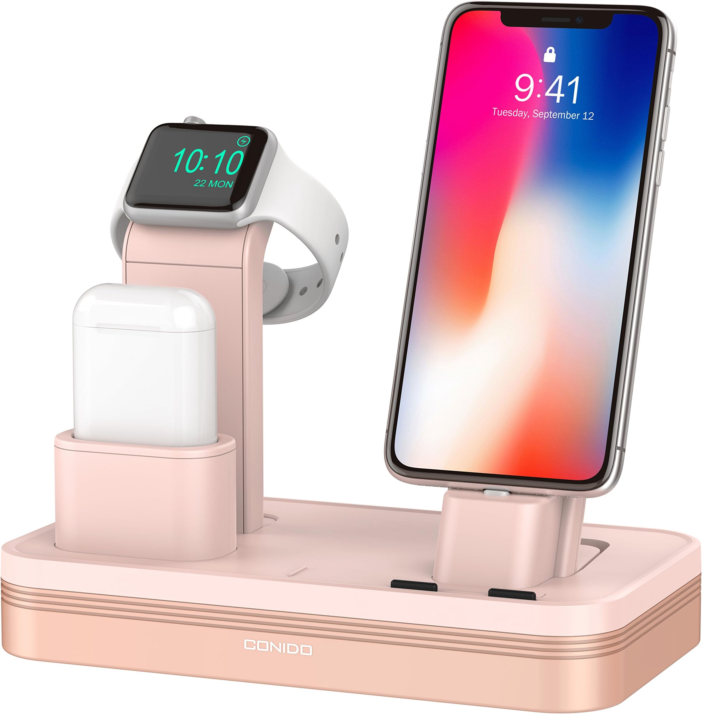 Conido 3 in 1 Charging Stand Compatible Apple Watch iPhone AirPods Charging Docks Holder 6-Port USB Chargeable Stand Compatible iWatch Series 3/2/1, iPhone X, 8, 8 Plus, 7, 7 Plus, 6, iPad Mini, iPod
