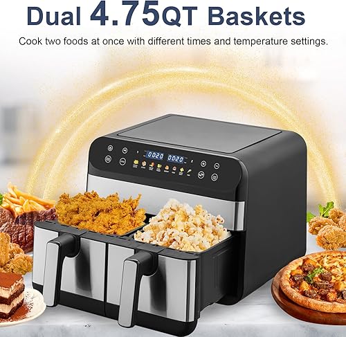 Miniatura 3 de Horno freidora de aire de 9.5 cuartos de galón, 2 cestas de doble zona, pantalla táctil LED, combina con cocina y acabado inteligente para asar,