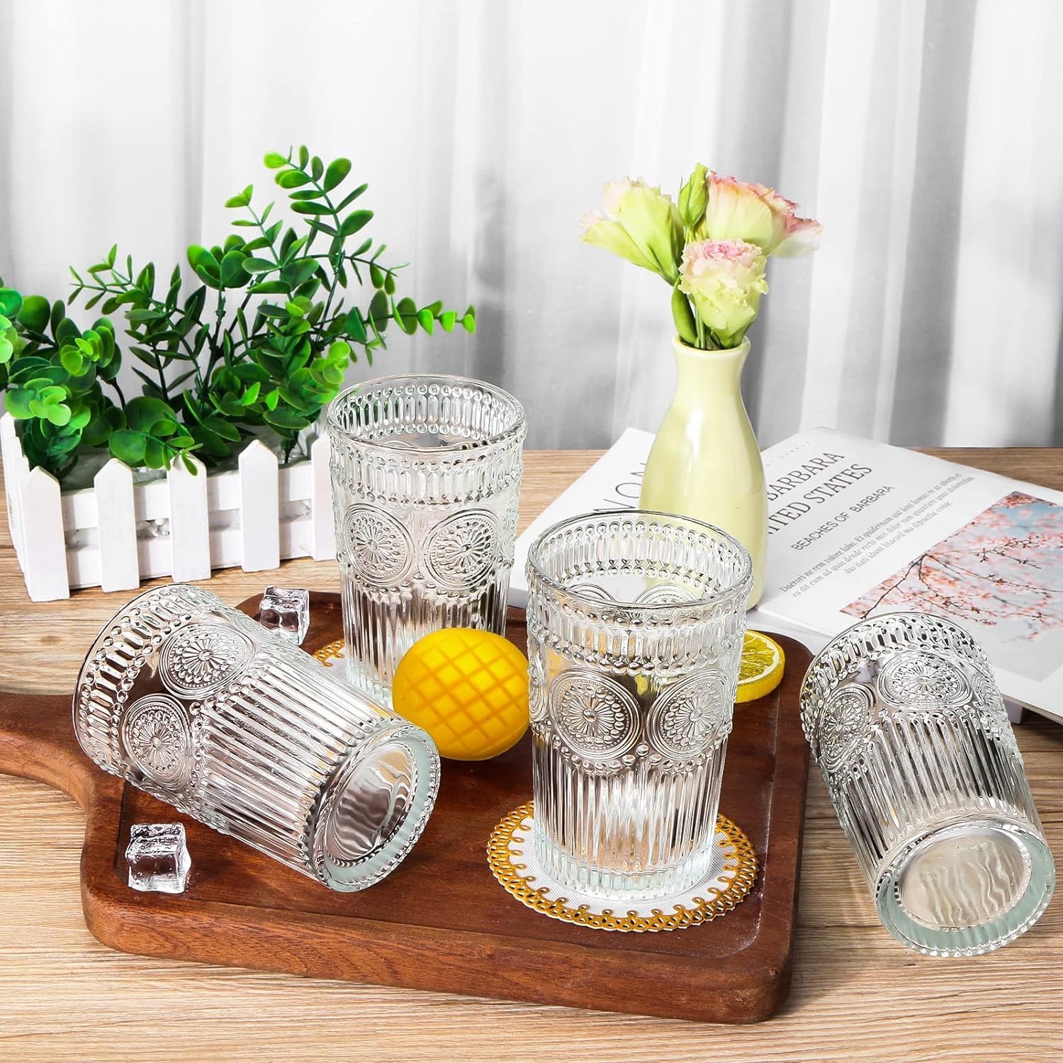 Mivana Premium Juice Glasses 350 ML Drinking Glasses, Highball Lead-Free Glasses, Tumblers for Water, Juice, Beer, Cocktail and Mixed Drinks - 6 Pieces, Transparent (Purple, JS63- Set of 6)