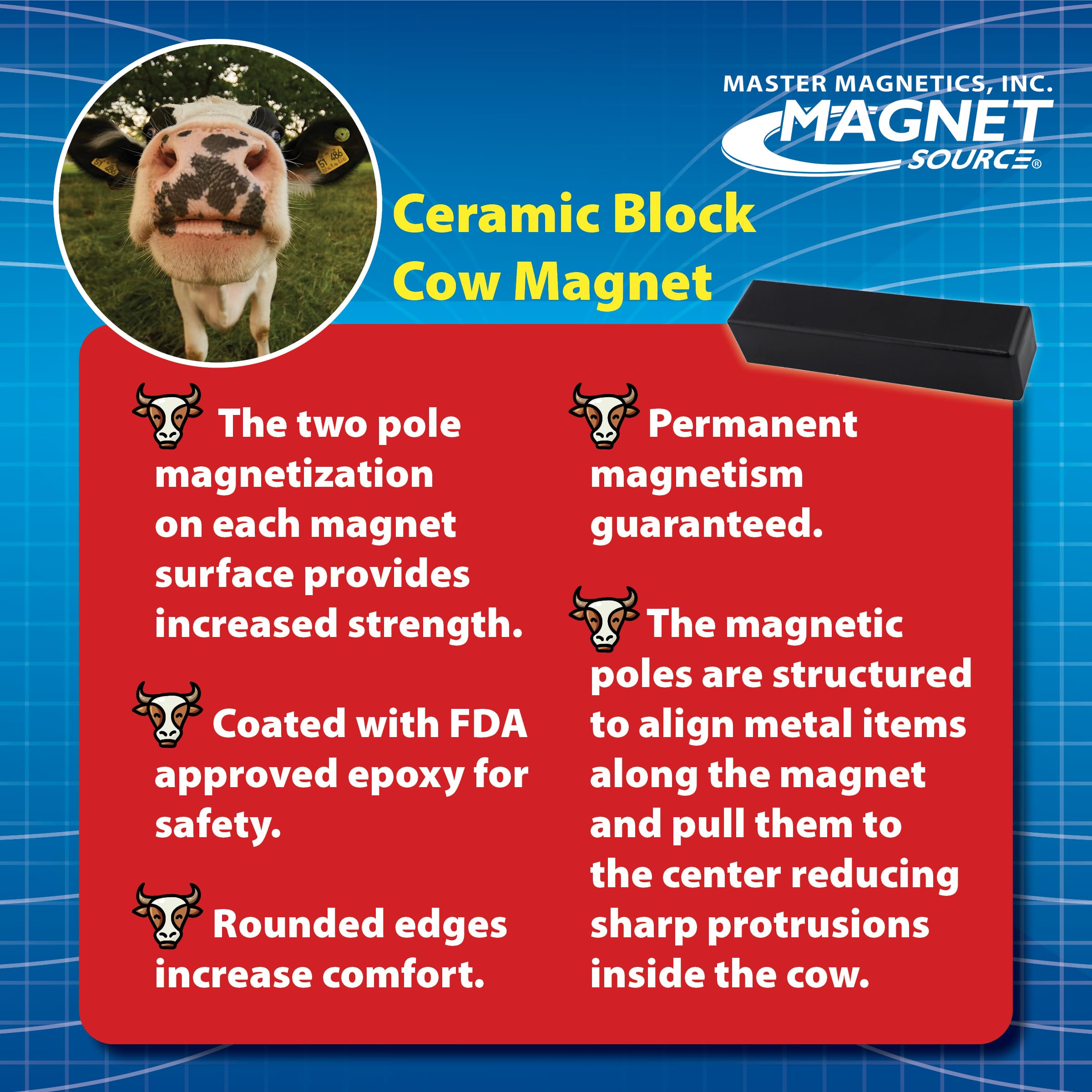 Master Magnetics Ferrit-Kuh-Magnet – 7,6 cm Länge, 1,7 cm Breite, 1,7 cm Höhe, schwarze Pulverbeschichtung, 4 Stück, COW-SCM7CX4BX