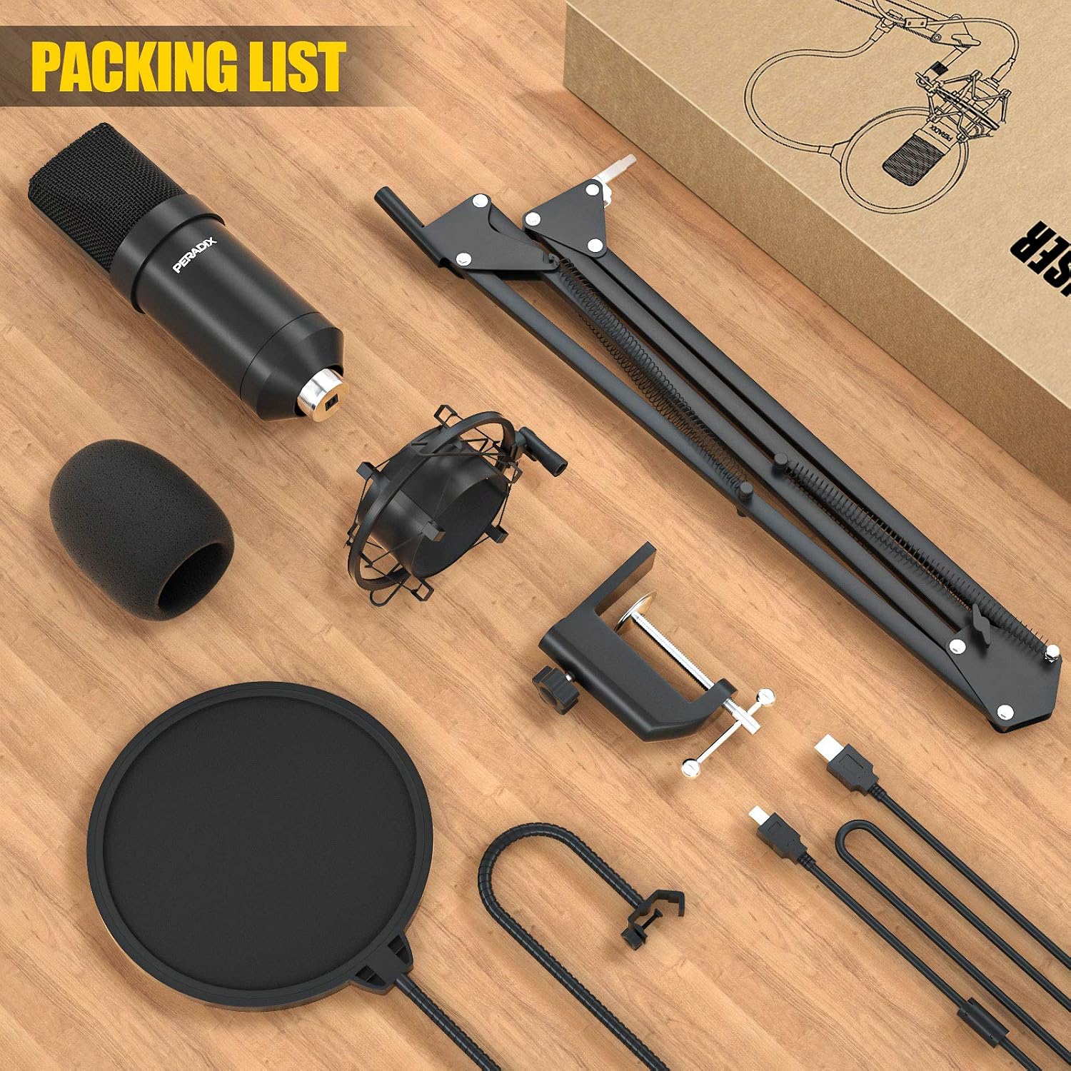 Peradix USB Streaming Podcast Microphone PC Gaming Mics, 192KHz/24Bit Professional Studio Cardioid Condenser Microphone Kit with Boom Arm, Pop Filter for Skype YouTube Karaoke Recording