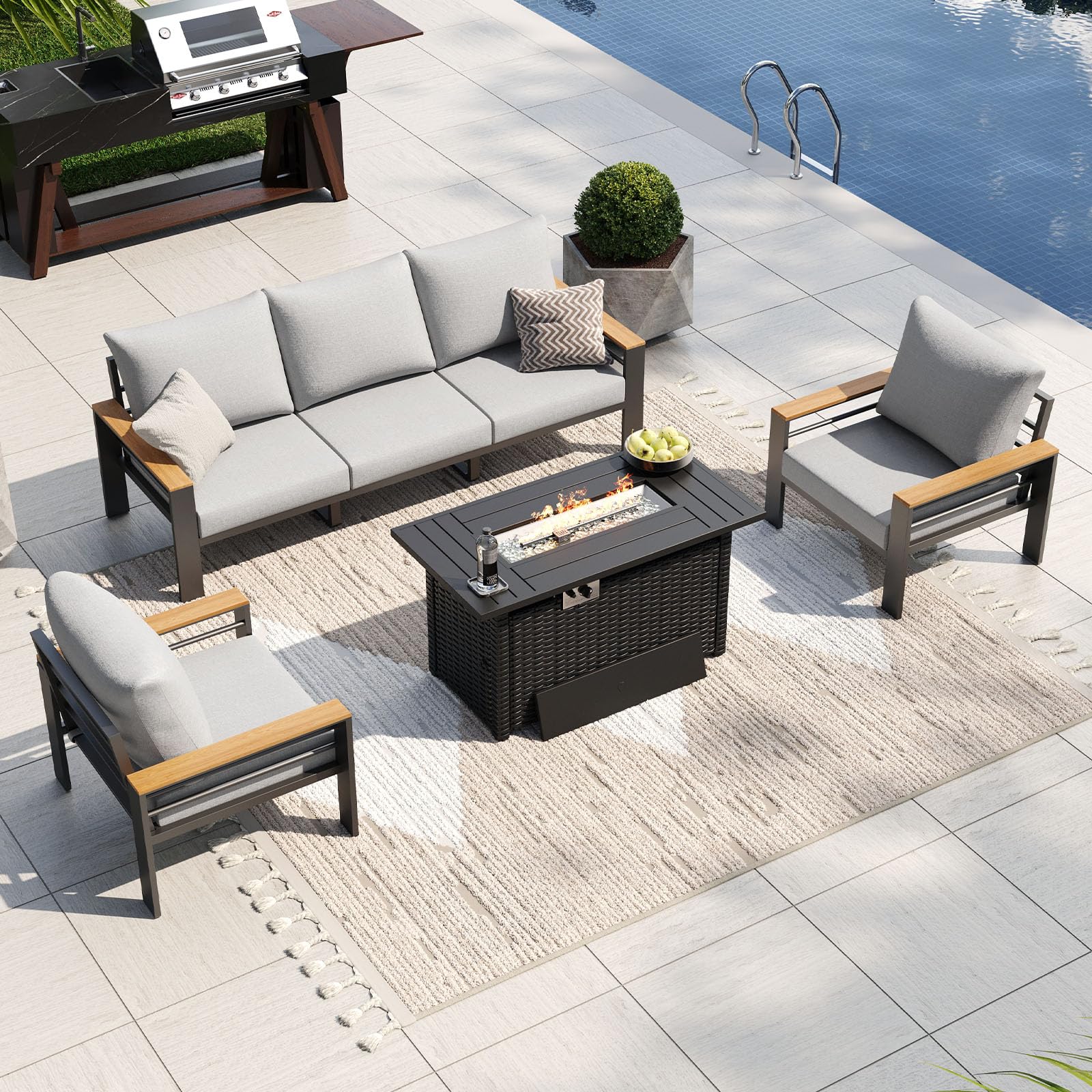 Aoxun Patio Furniture Set, Aluminum Outdoor Furniture with Fire Pit Table