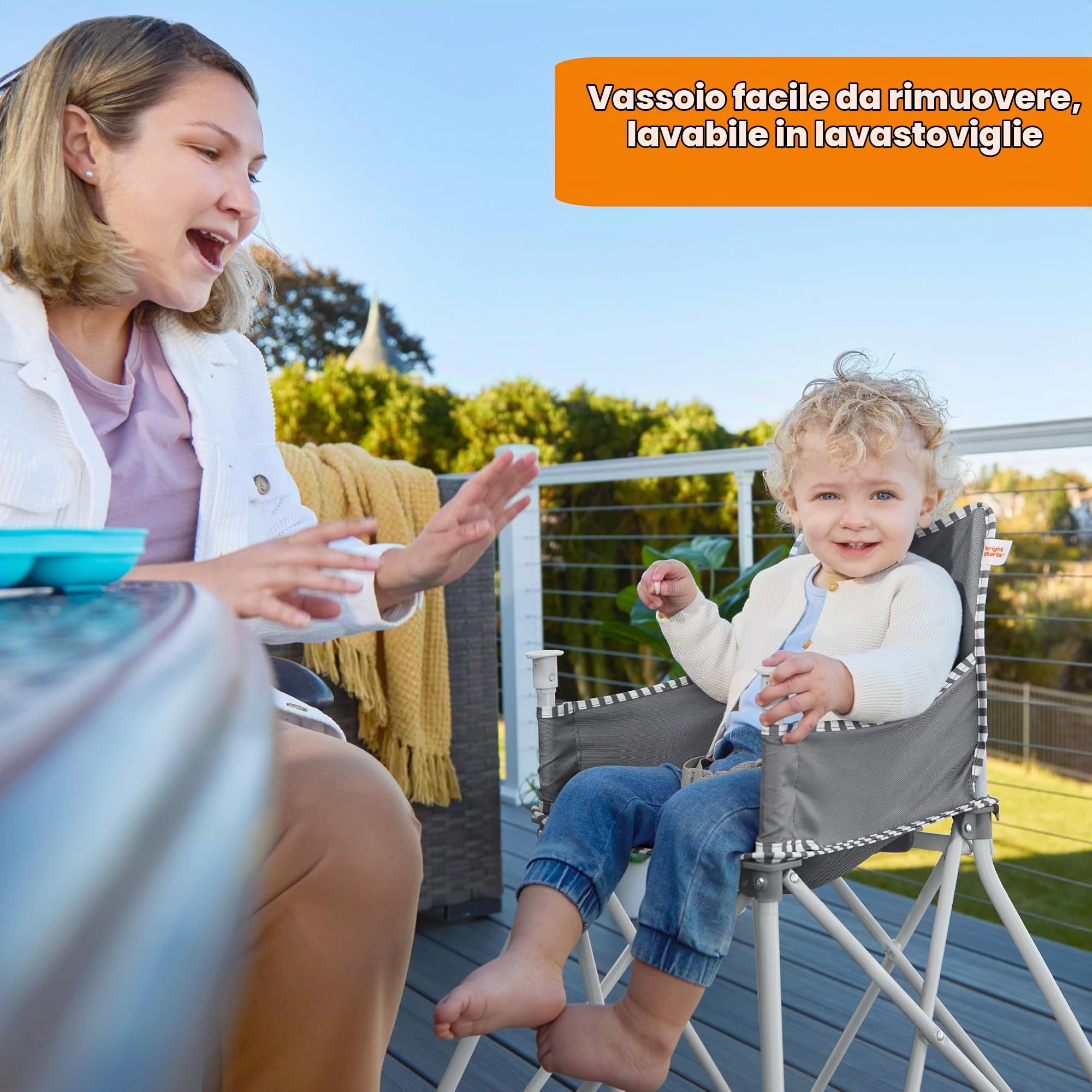 Bright Starts, Seggiolone Portatile Pop ‘N Dine, Uso Interno/Esterno, Vassoio Privo di BPA, Facile da Piegare e Trasportare, Unisex, Per Bambini a Partire da 6 Mesi, Grigio