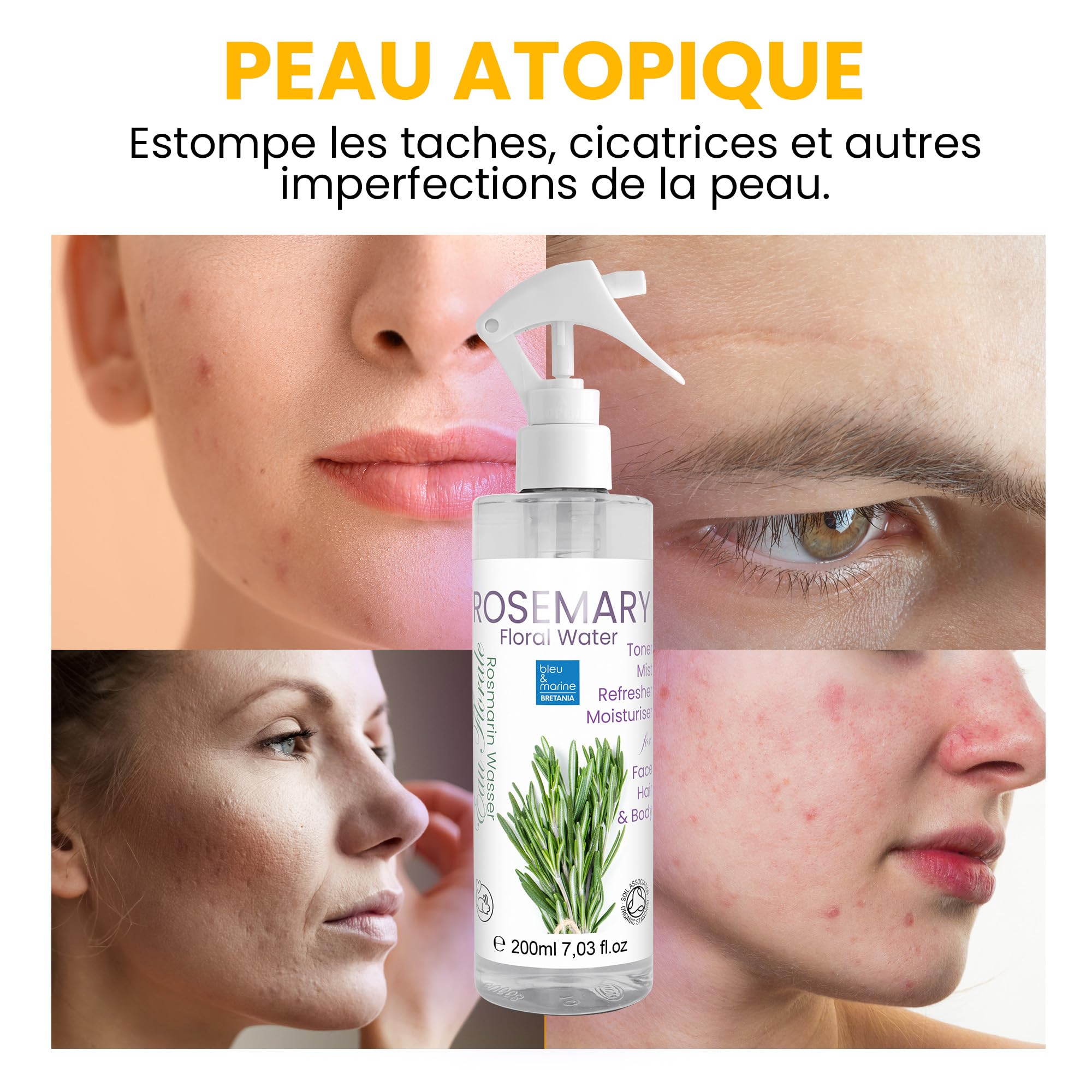 Hydrolat de Romarin, Équilibre Sébum, Stimule Croissance Cheveux, Antichute Capillaire, Spray Purifiant Visage, Anti Acne et Peau Grasse, 500 ml