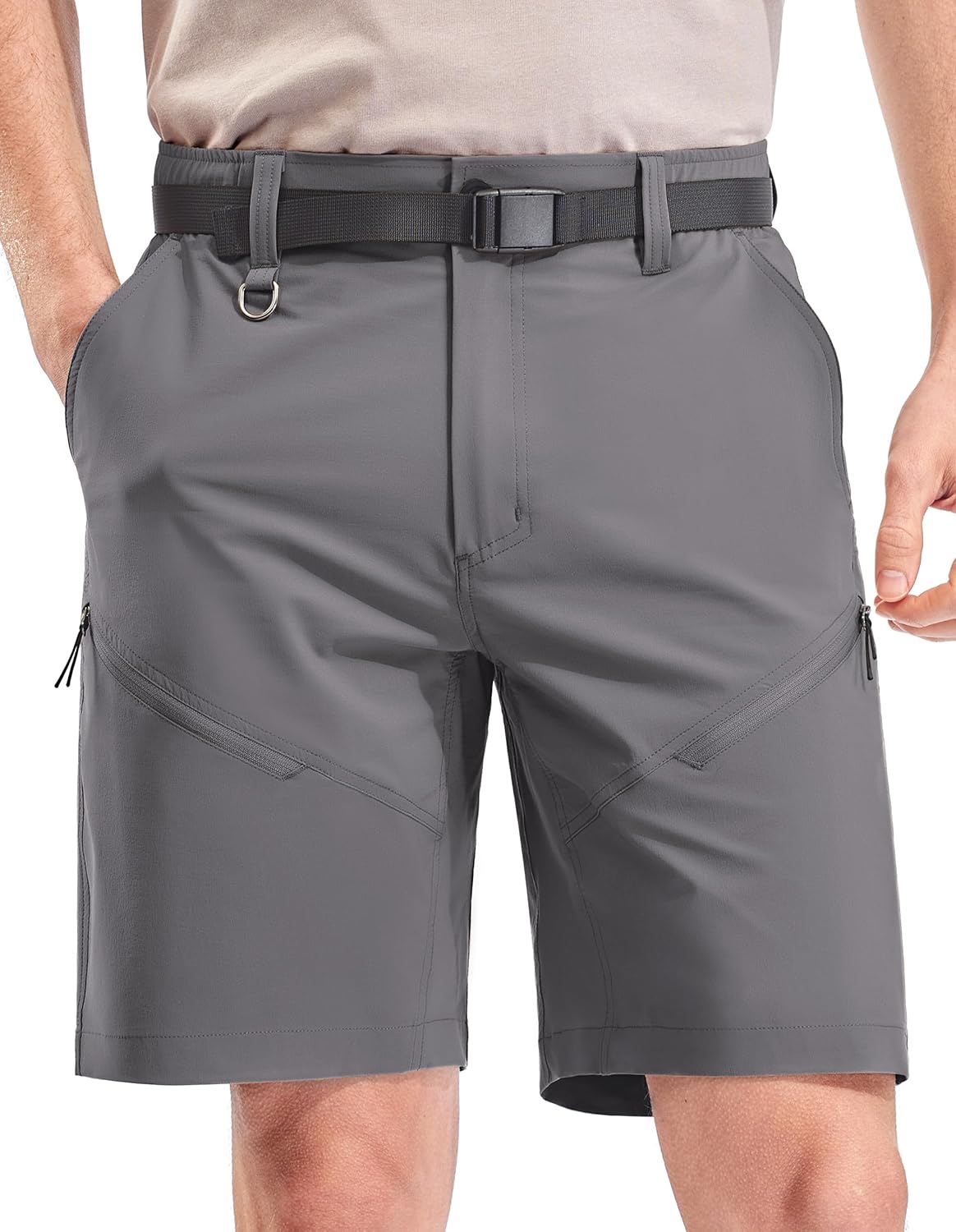 PULI Men's Hiking Shorts Casual Shorts 9 inch Stretch Flat Front Lightweight Quick Dry Zip Pockets with Belt 34 Grey