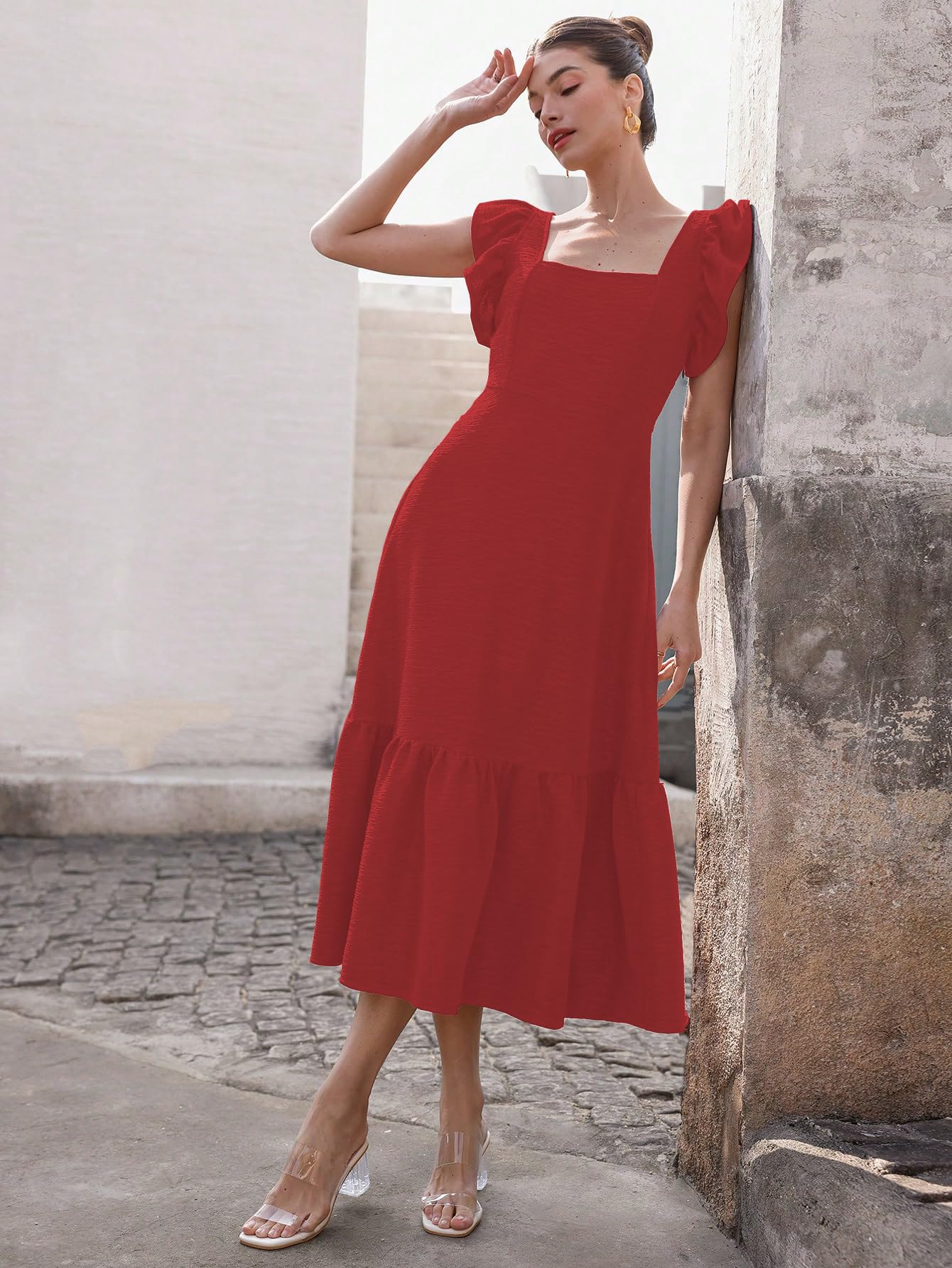 Sugathari Chica y mujer Color sólido cuello cuadrado, dobladillo con volantes sin mangas, sisas con volantes y vestido casual con cintura entallado trajes de vacaciones para mujer (vestido 176)