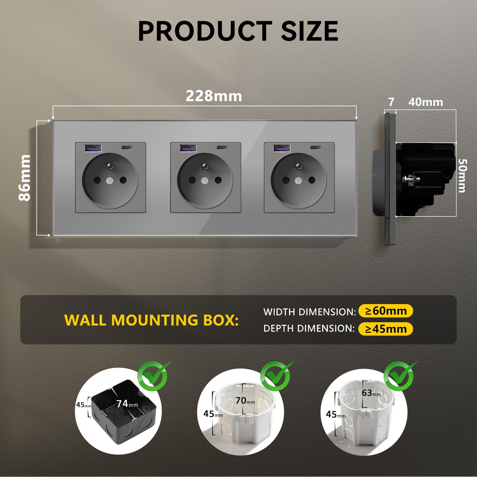 Prise Murale avec USB et 1 Type C PD 20W,16A Normes Françaises Prise Electrique Encastrable,Facile à Installer,Panneau en Verre Cristal, 228 * 86mm,Gris