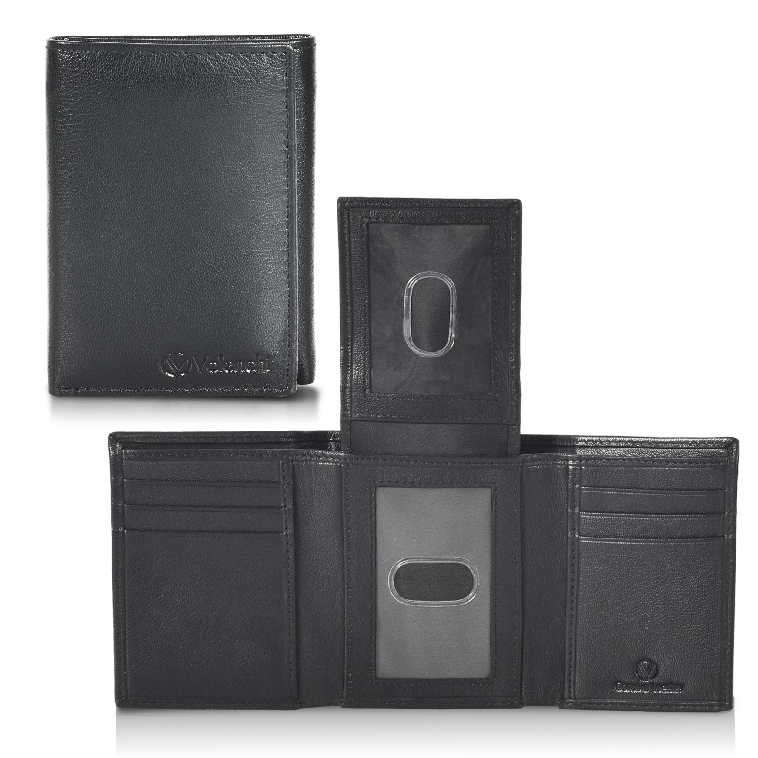 VALENCHI Genuine Real Leather Trifold Men's Wallet - With Card Holder Slots, ID Window and Currency Compartment - Christmas Gifts For Men (BLACK NAPPA TF04)
