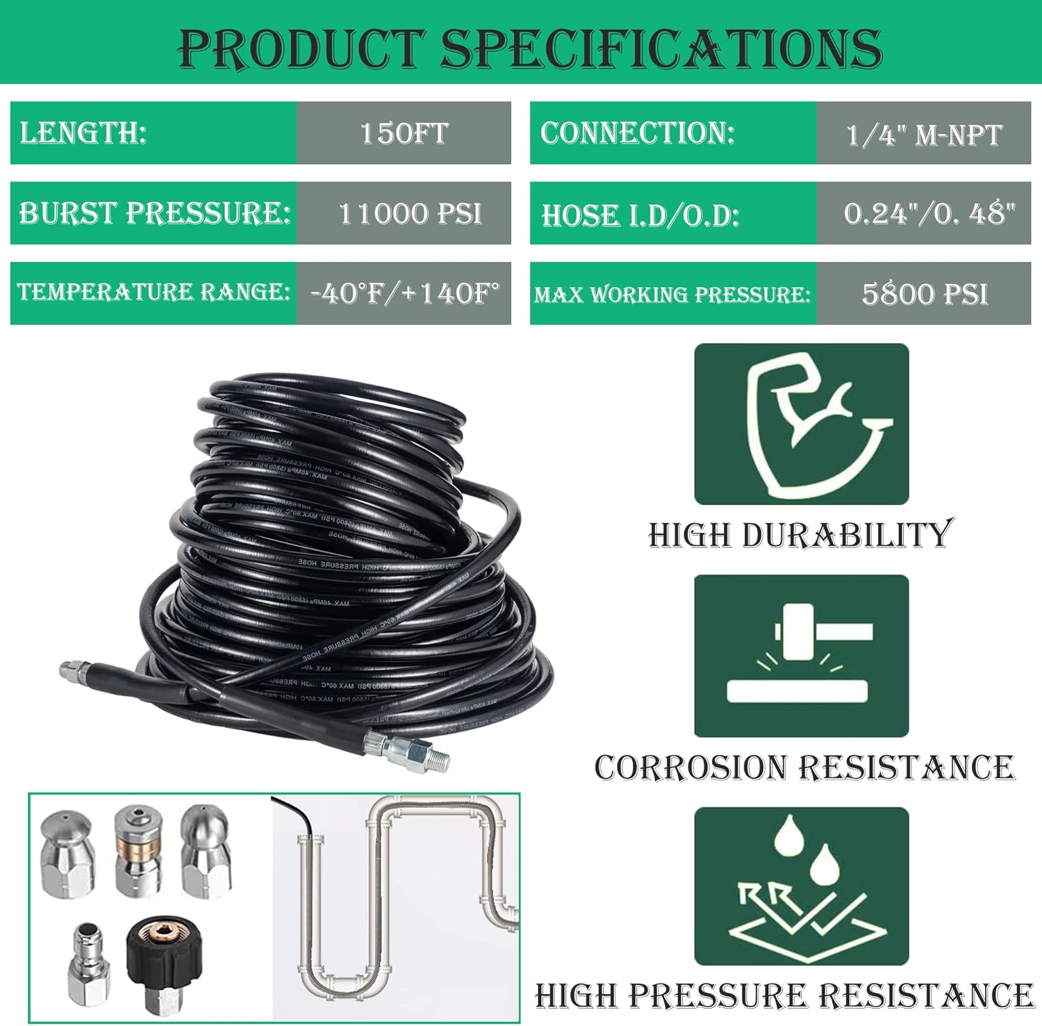 Sewer Jetter Kit for Pressure Washer,Sewer Jetter Nozzles Kit,Drain Cleaning Hose,Pearl Corsage Pin 5800PSI,Rotating and Button Nose Sewer Jetting Nozzle,1/4 Inch NPT (150FT/45M)